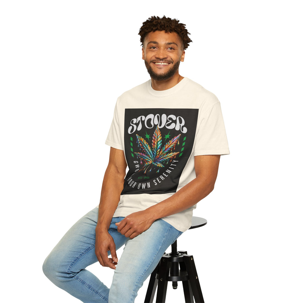 T-Shirt — Stover "Grow Your Own Serenity" Colorful Cannabis Leaf Graphic