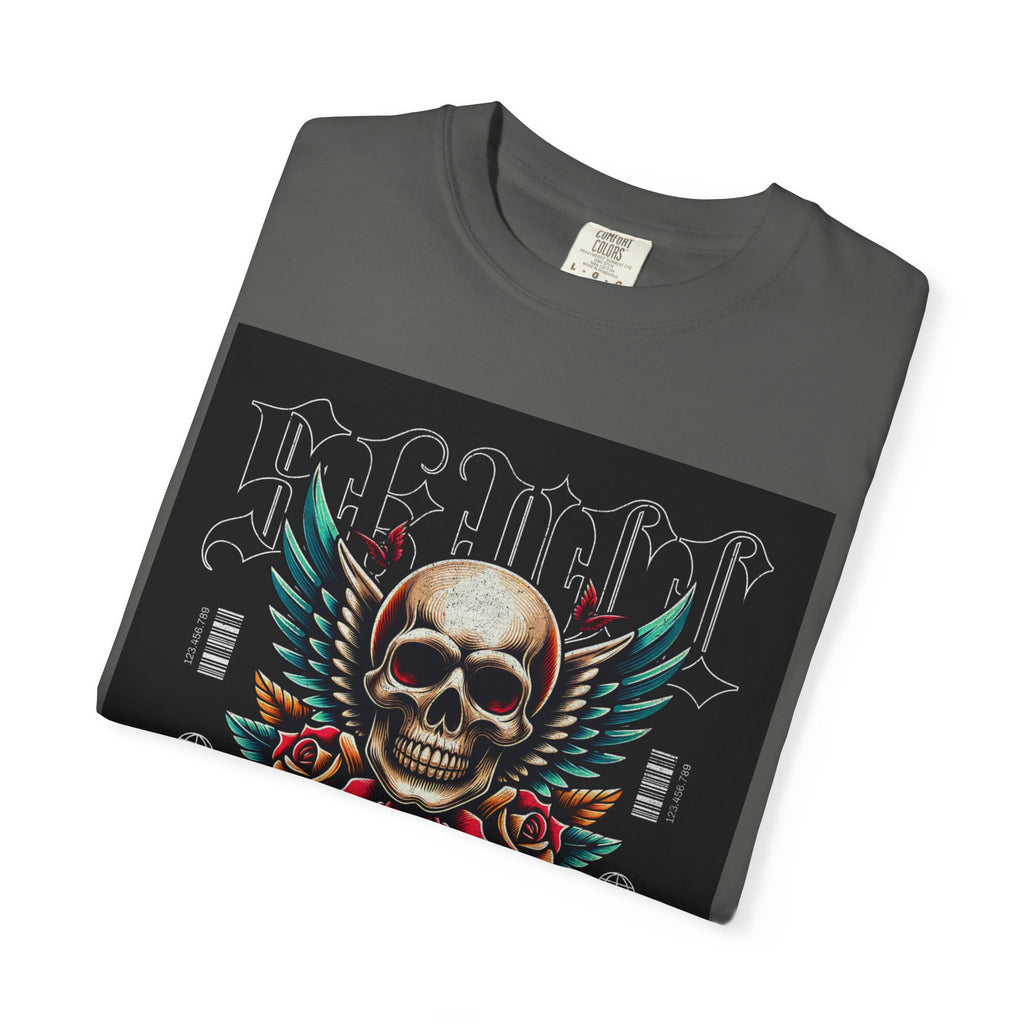 Skull Wings Graphic T-Shirt — Vintage Rock Tattoo Style with Roses