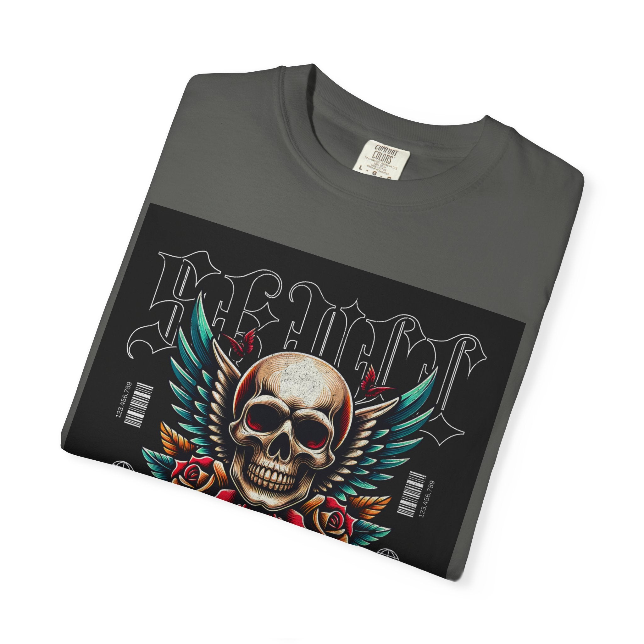 Skull Wings Graphic T-Shirt — Vintage Rock Tattoo Style with Roses
