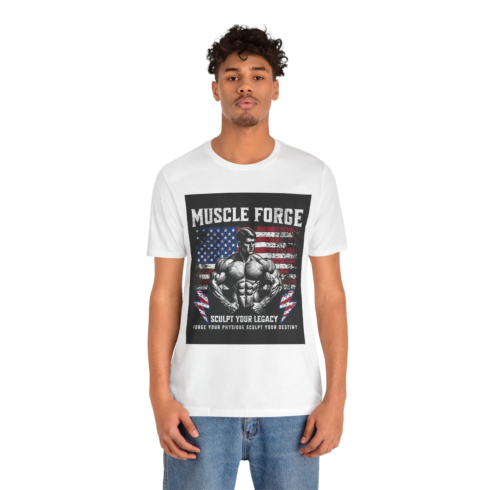 Muscle Forge American Flag Gym Tee — "Sculpt Your Legacy" Fitness T-Shirt