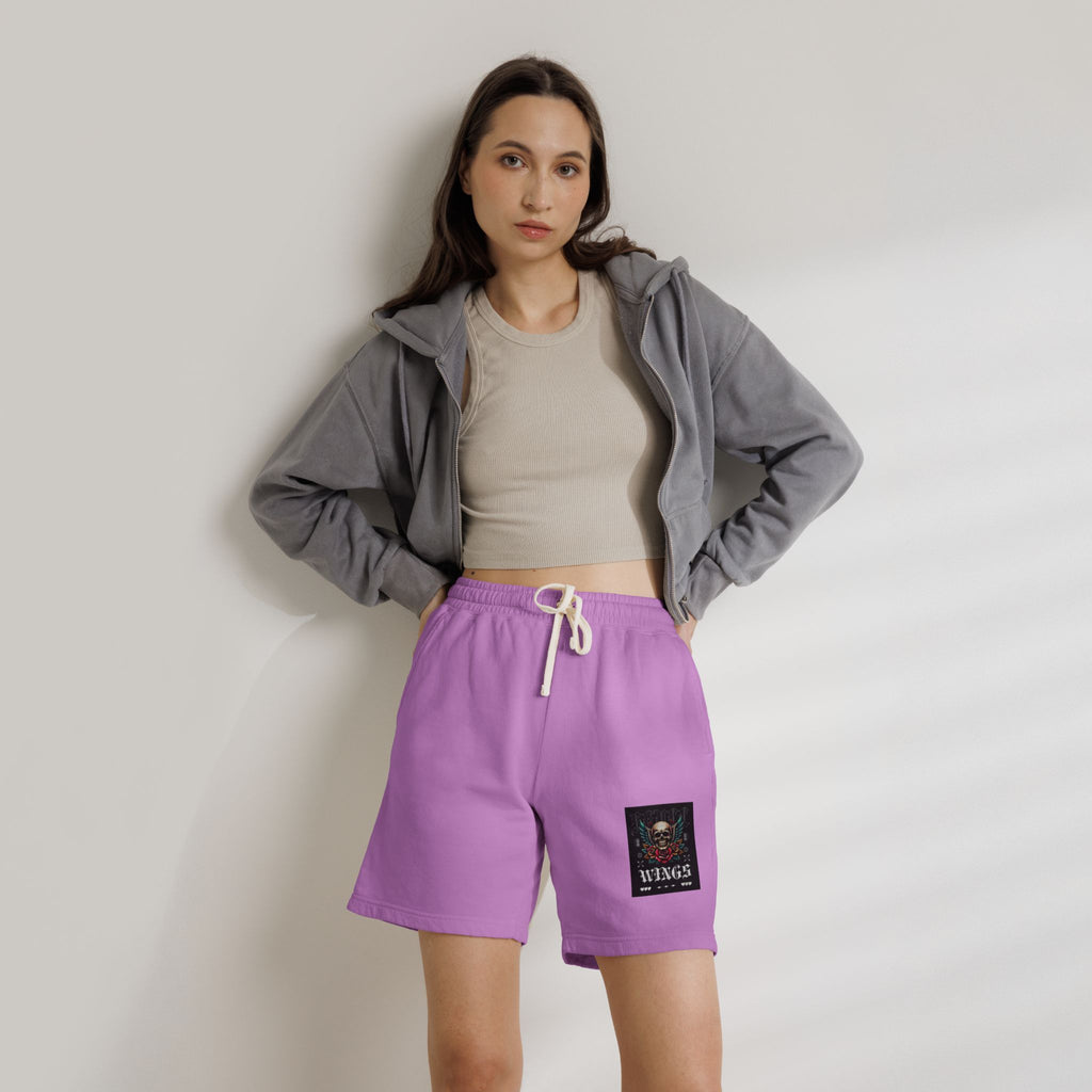 Skull & Wings Fleece Sweat Shorts — Lightweight Garment-Dyed Lounge Shorts