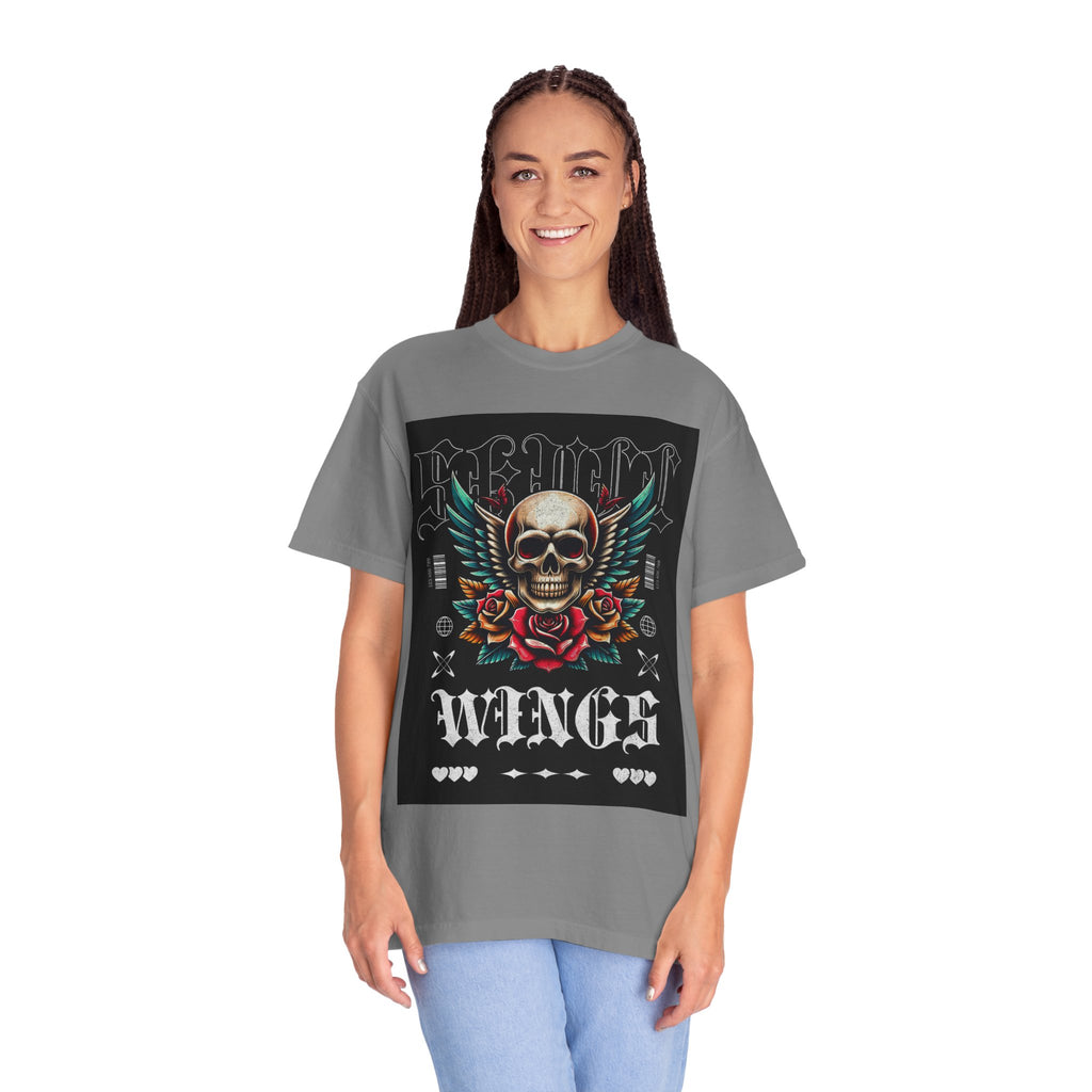 Skull Wings Graphic T-Shirt — Vintage Rock Tattoo Style with Roses