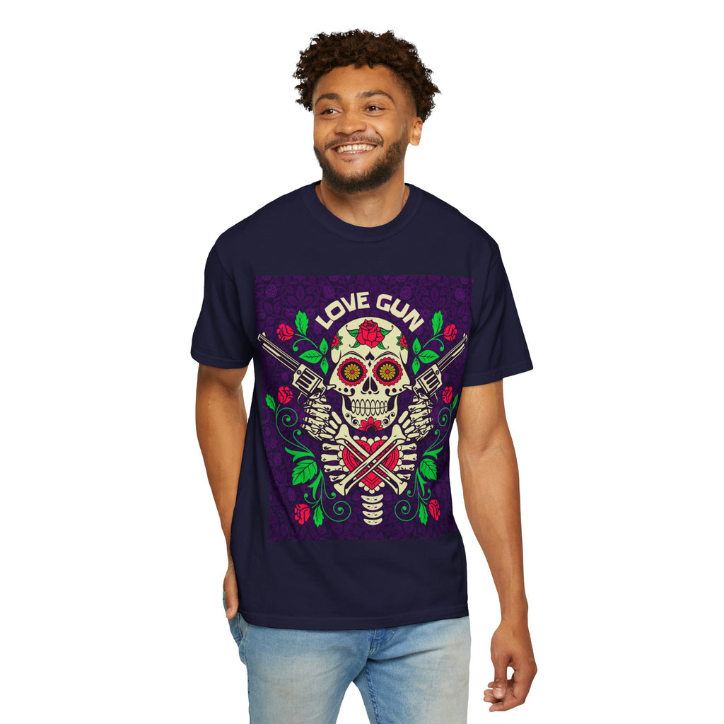 Love Gun Skull T‑Shirt — Day of the Dead Floral Graphic Tee