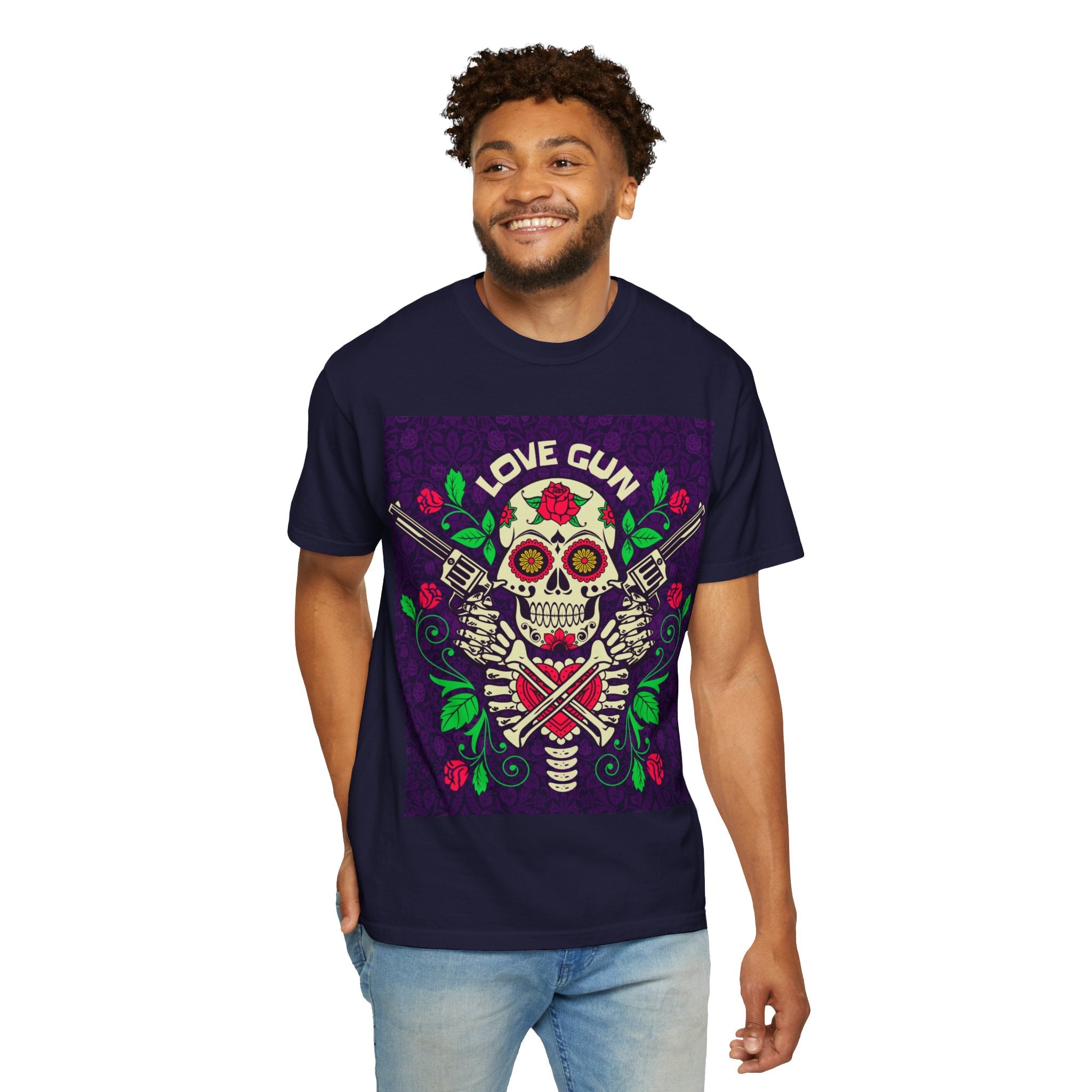 Love Gun Skull T‑Shirt — Day of the Dead Floral Graphic Tee