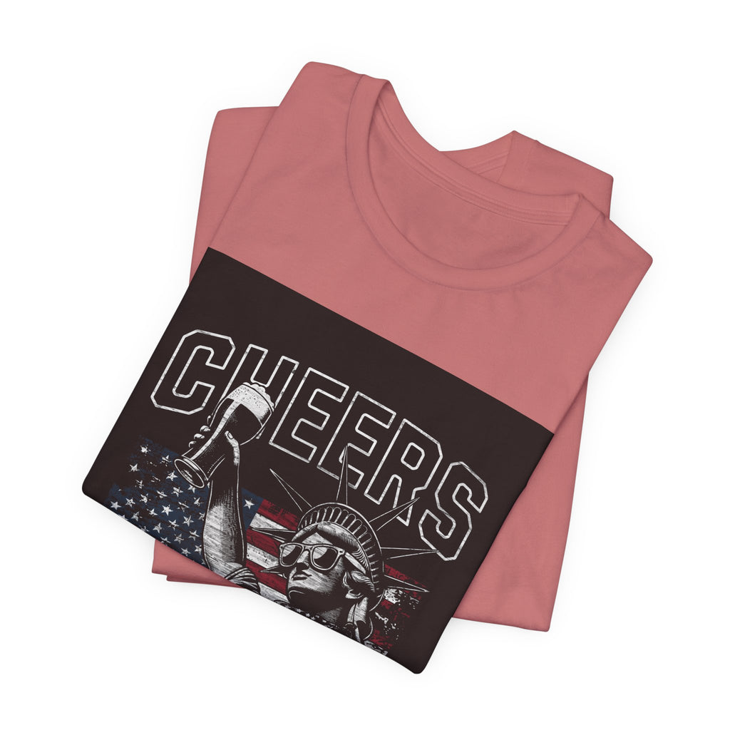Cheers America T-Shirt — Statue of Liberty Holding Beer & Flag Patriotic Tee