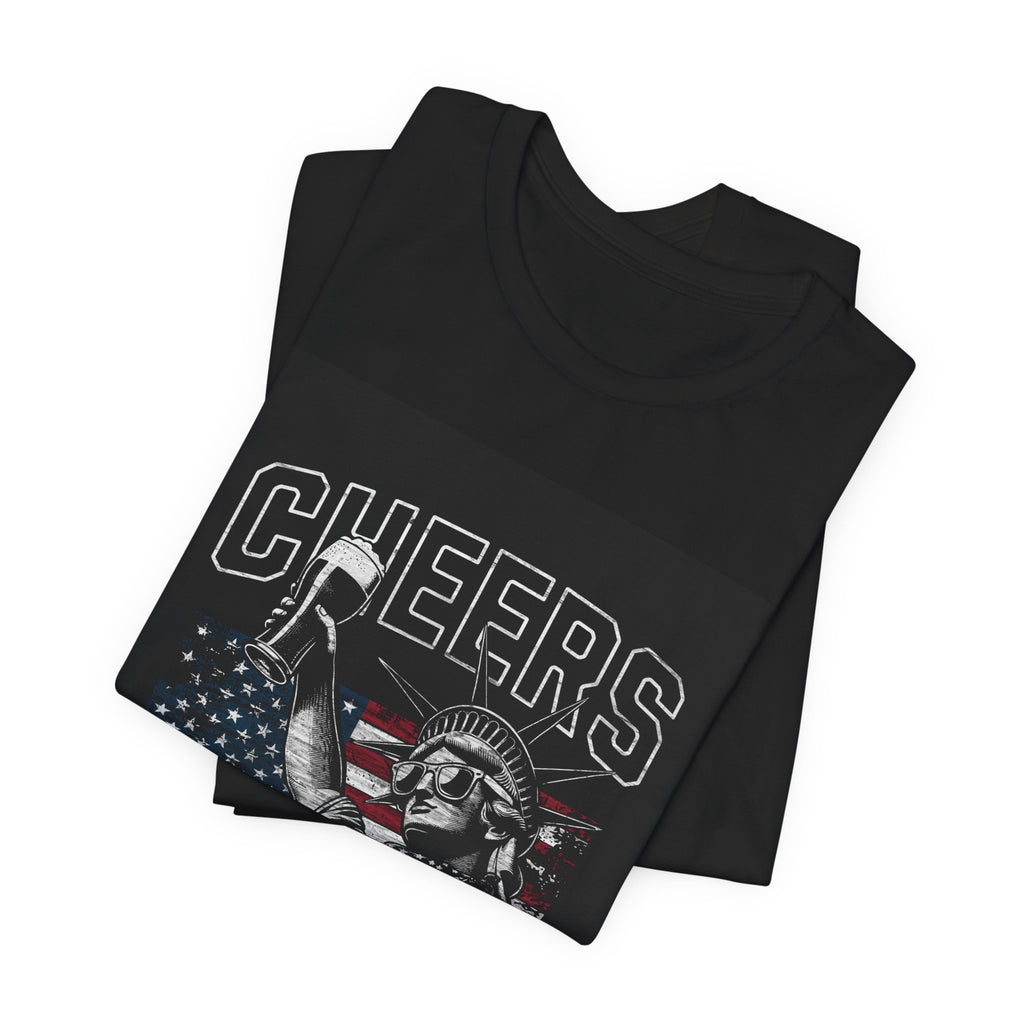Cheers America T-Shirt — Statue of Liberty Holding Beer & Flag Patriotic Tee
