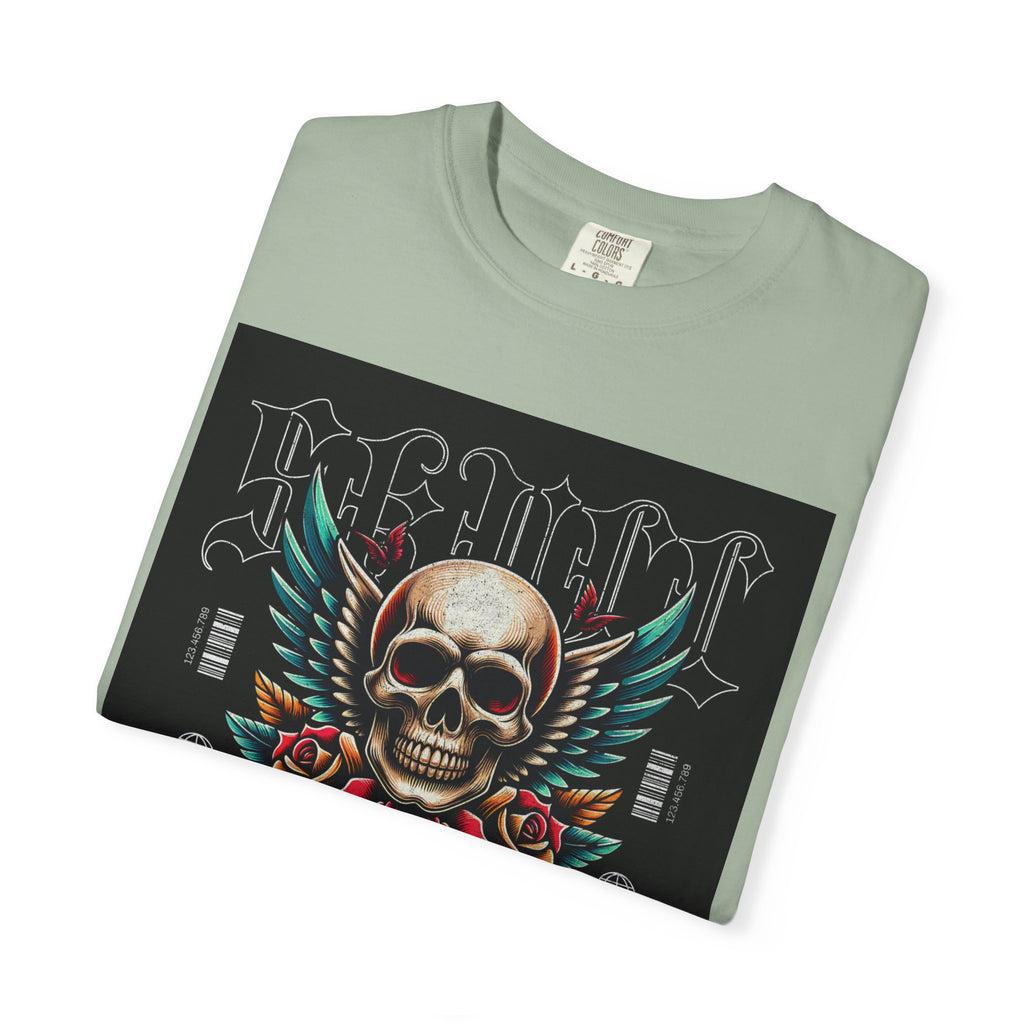 Skull Wings Graphic T-Shirt — Vintage Rock Tattoo Style with Roses