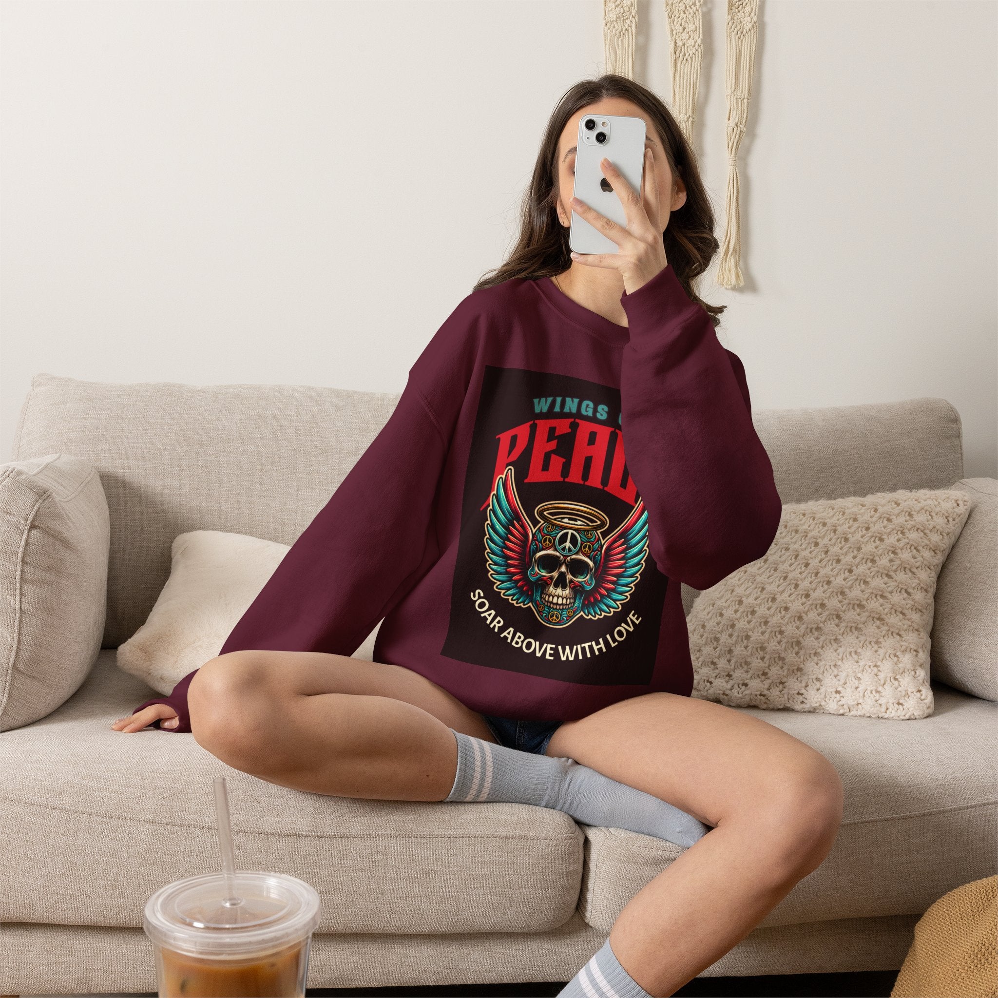 Wings of Peace Skull Crewneck Sweatshirt — Soar Above With Love Graphic