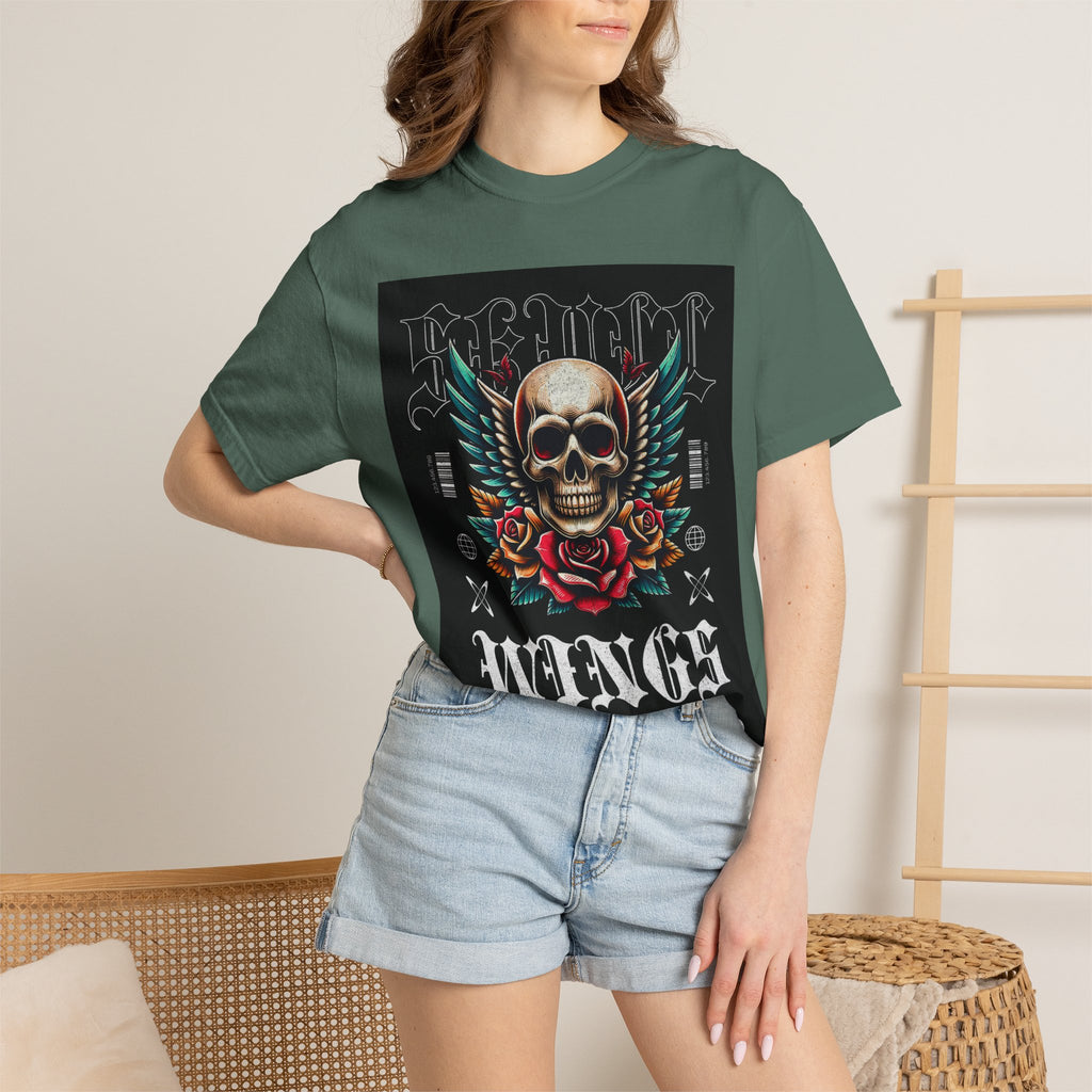 Skull Wings Graphic T-Shirt — Vintage Rock Tattoo Style with Roses