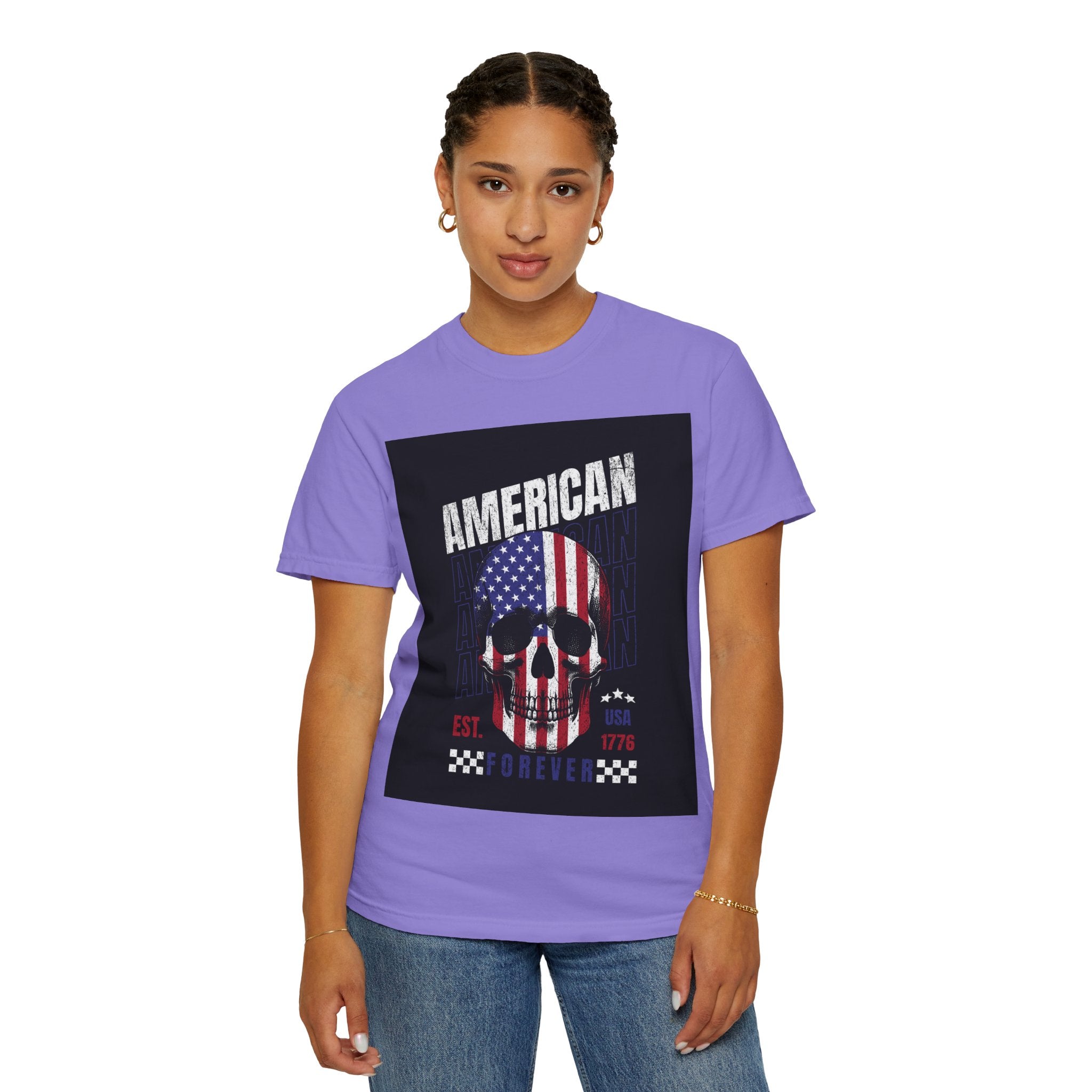 American Skull Flag T-Shirt — "American Forever" Patriotic Graphic Tee
