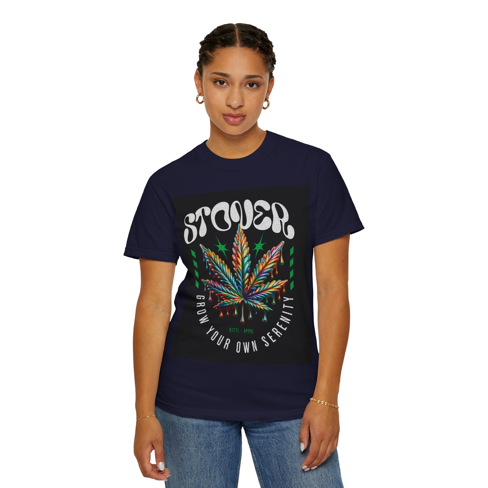 T-Shirt — Stover "Grow Your Own Serenity" Colorful Cannabis Leaf Graphic