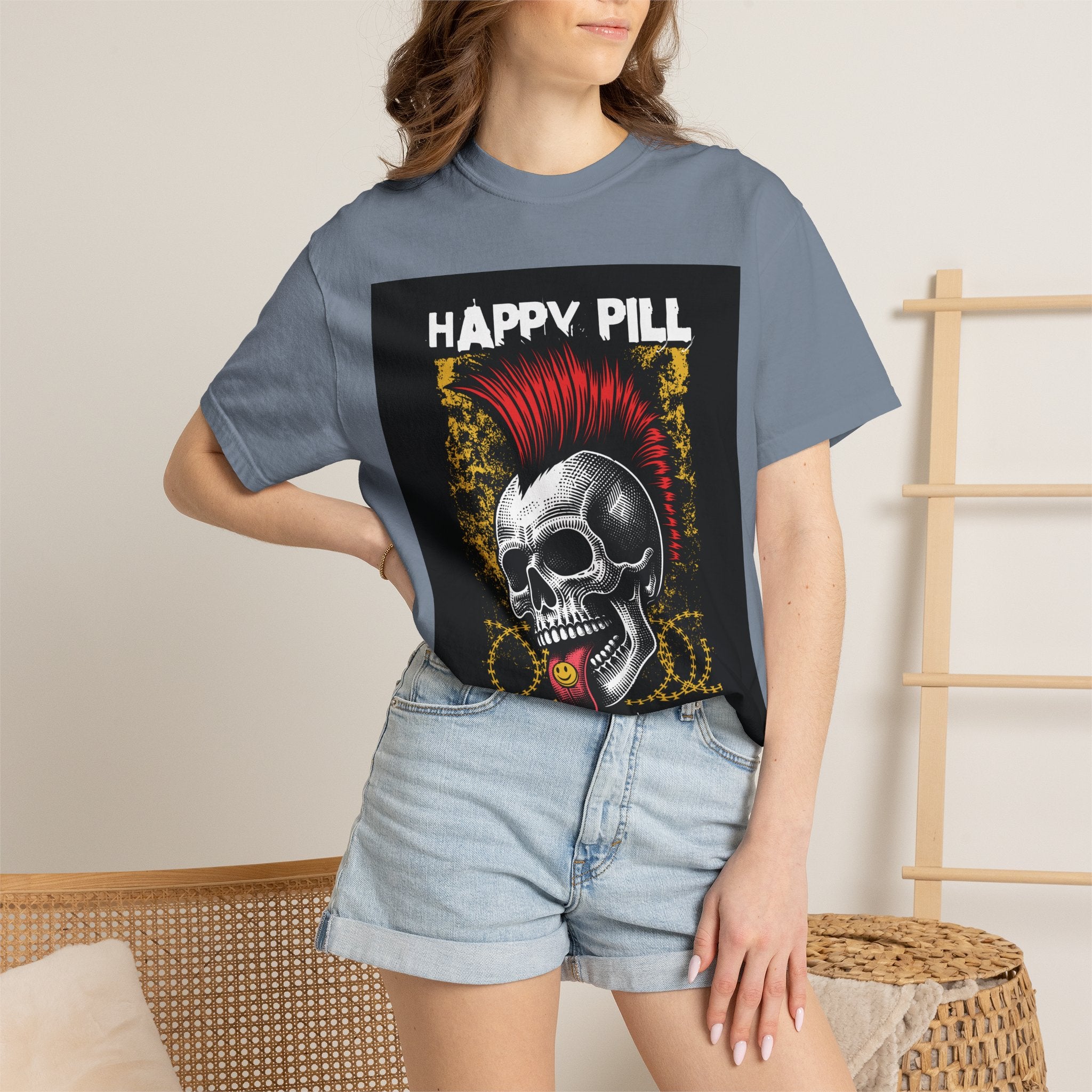 Happy Pill Punk Skull T-Shirt — 'Happy Pill Medication' Graphic Tee