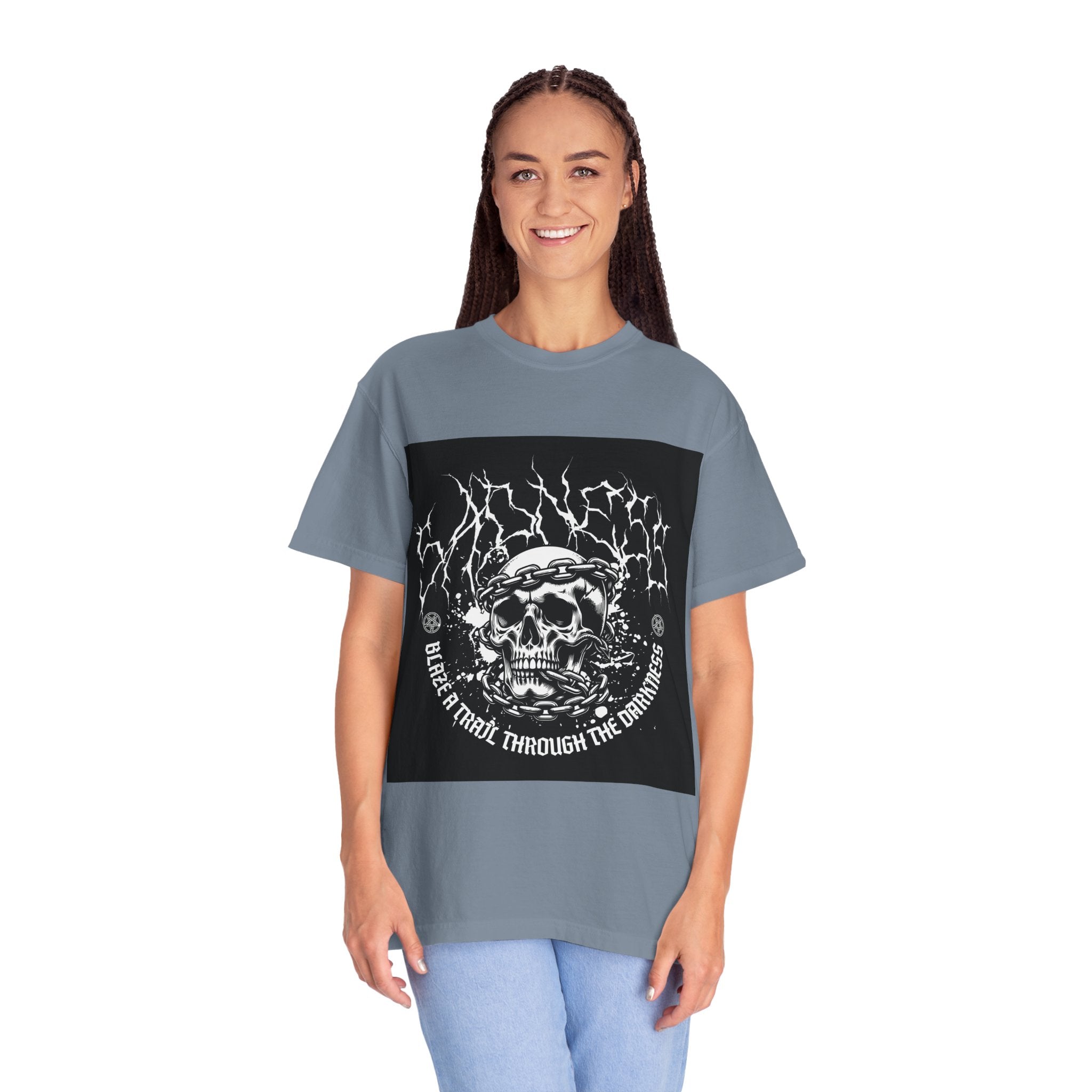 Graphic T-Shirt — 'Break a Path Through the Darkness' Skull Lightning Design
