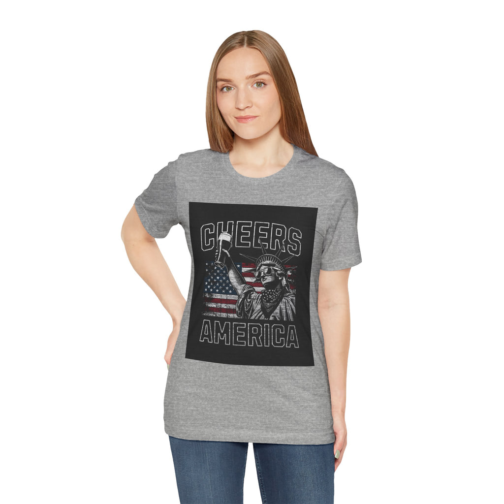 Cheers America T-Shirt — Statue of Liberty Holding Beer & Flag Patriotic Tee