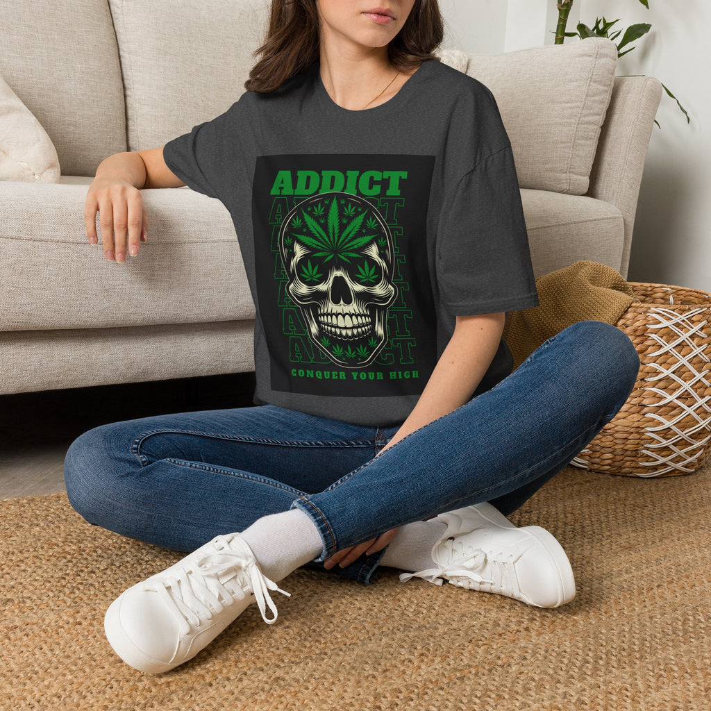 T‑Shirt — "Addict" Skull with Cannabis Leaf Graphic
