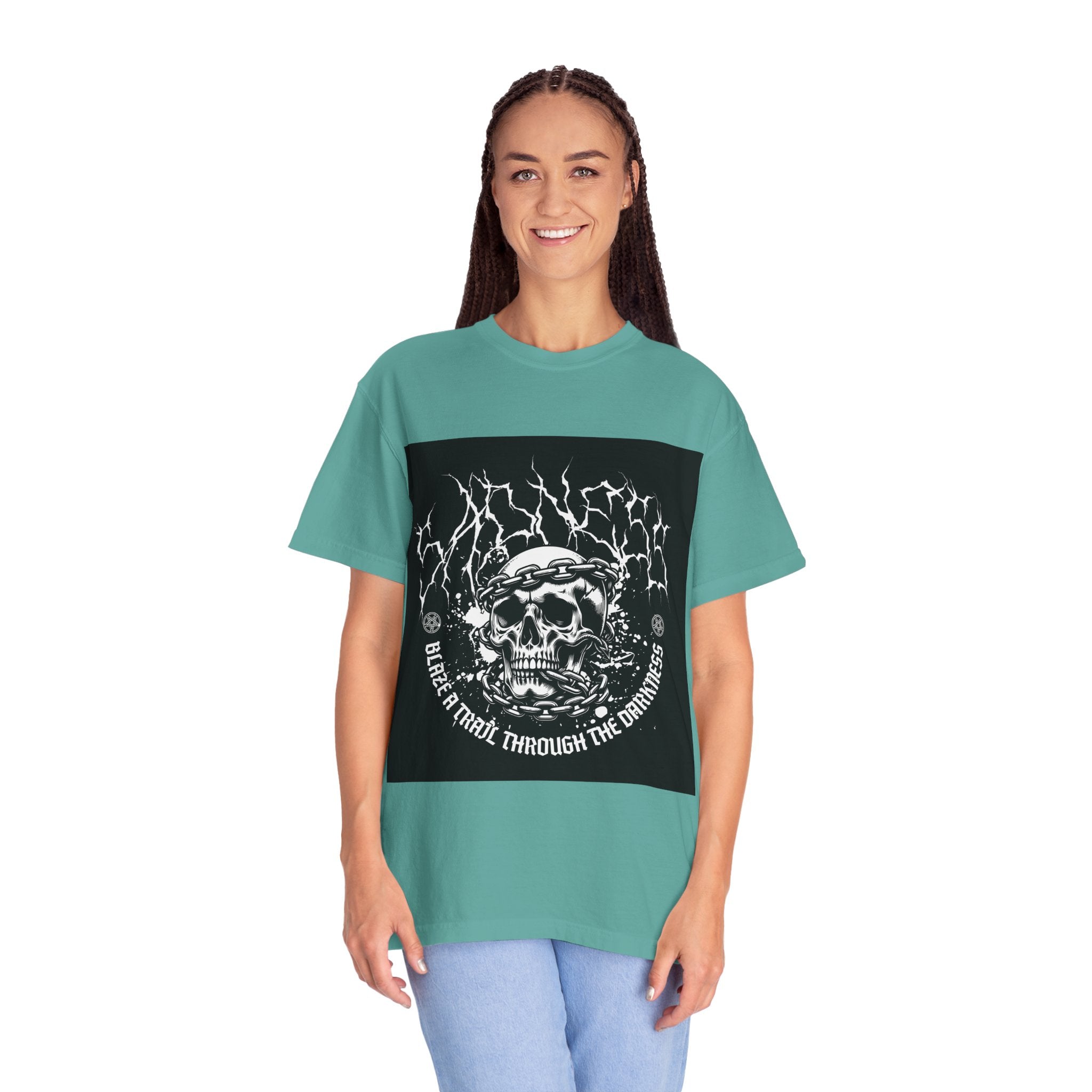 Graphic T-Shirt — 'Break a Path Through the Darkness' Skull Lightning Design