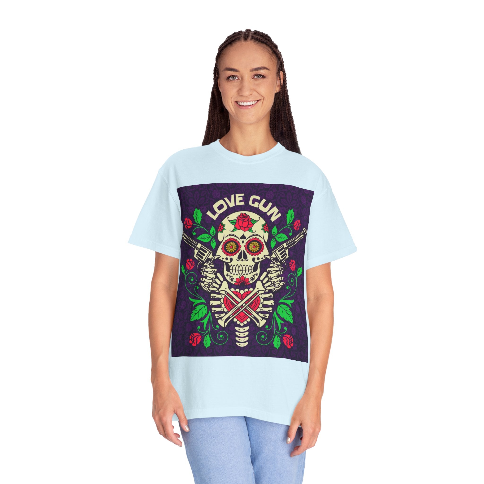 Love Gun Skull T‑Shirt — Day of the Dead Floral Graphic Tee