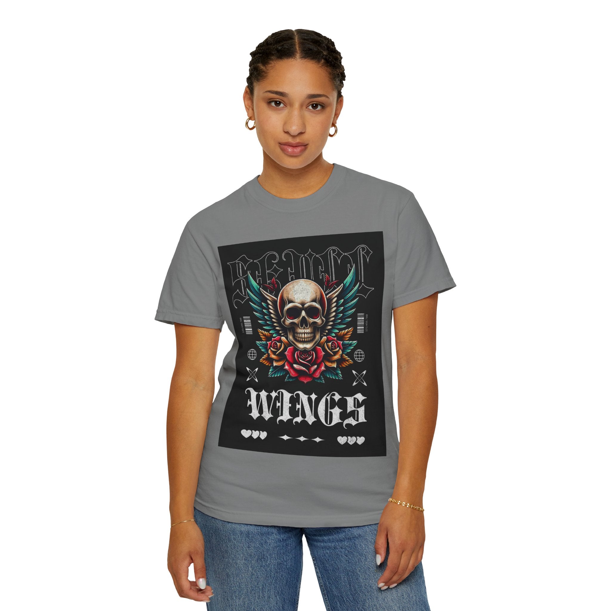 Skull Wings Graphic T-Shirt — Vintage Rock Tattoo Style with Roses
