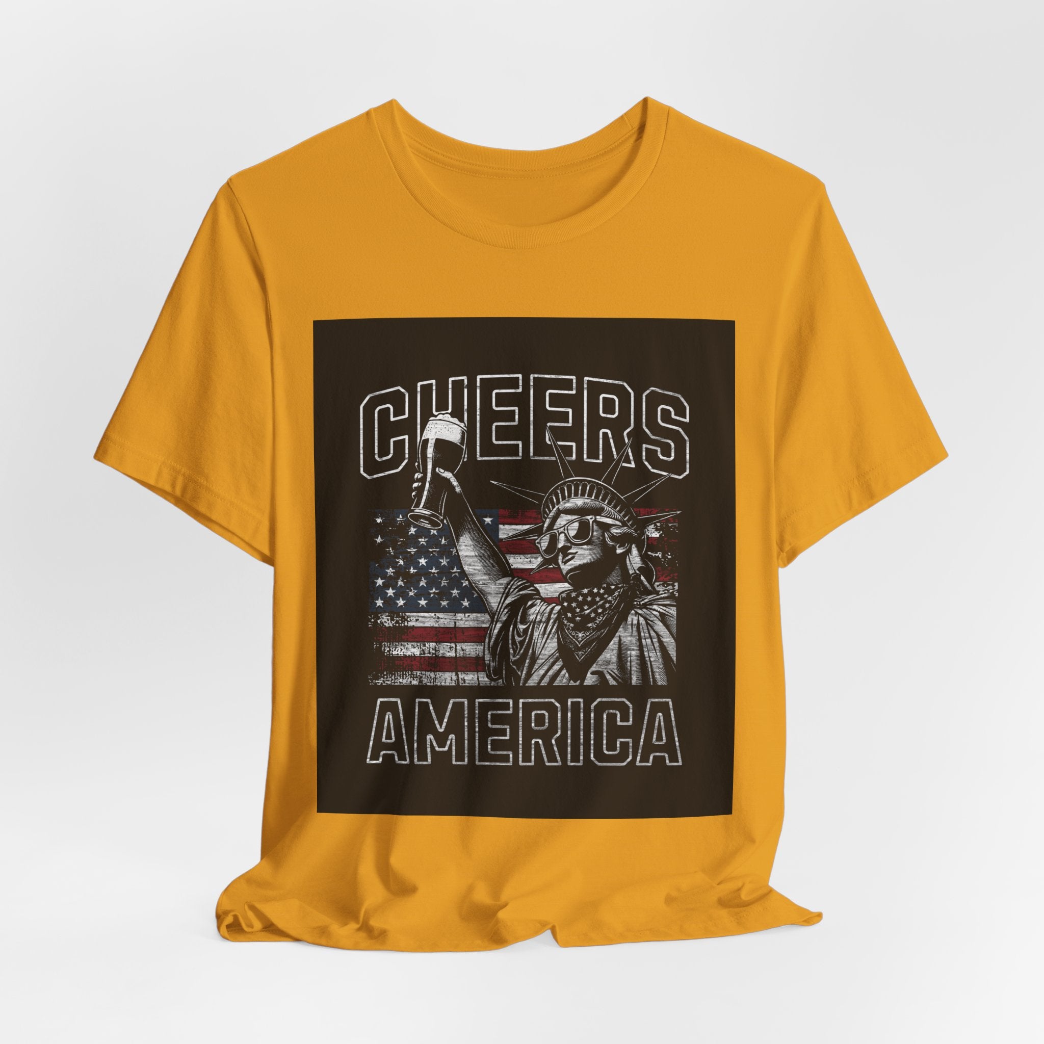 Cheers America T-Shirt — Statue of Liberty Holding Beer & Flag Patriotic Tee