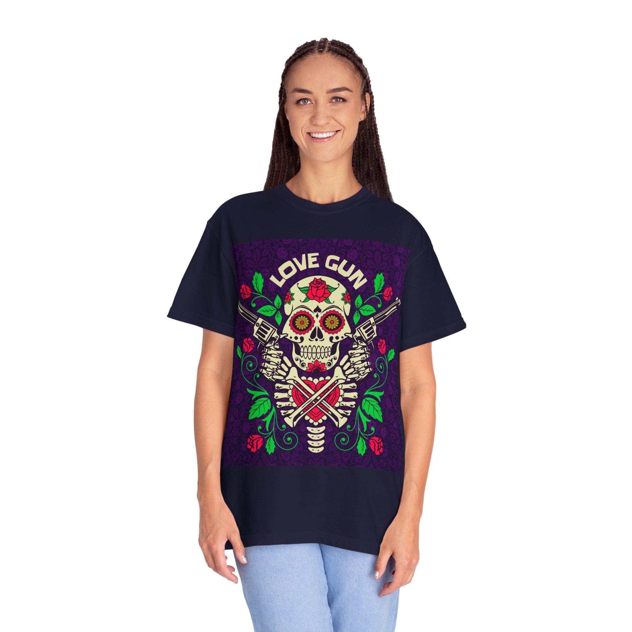 Love Gun Skull T‑Shirt — Day of the Dead Floral Graphic Tee