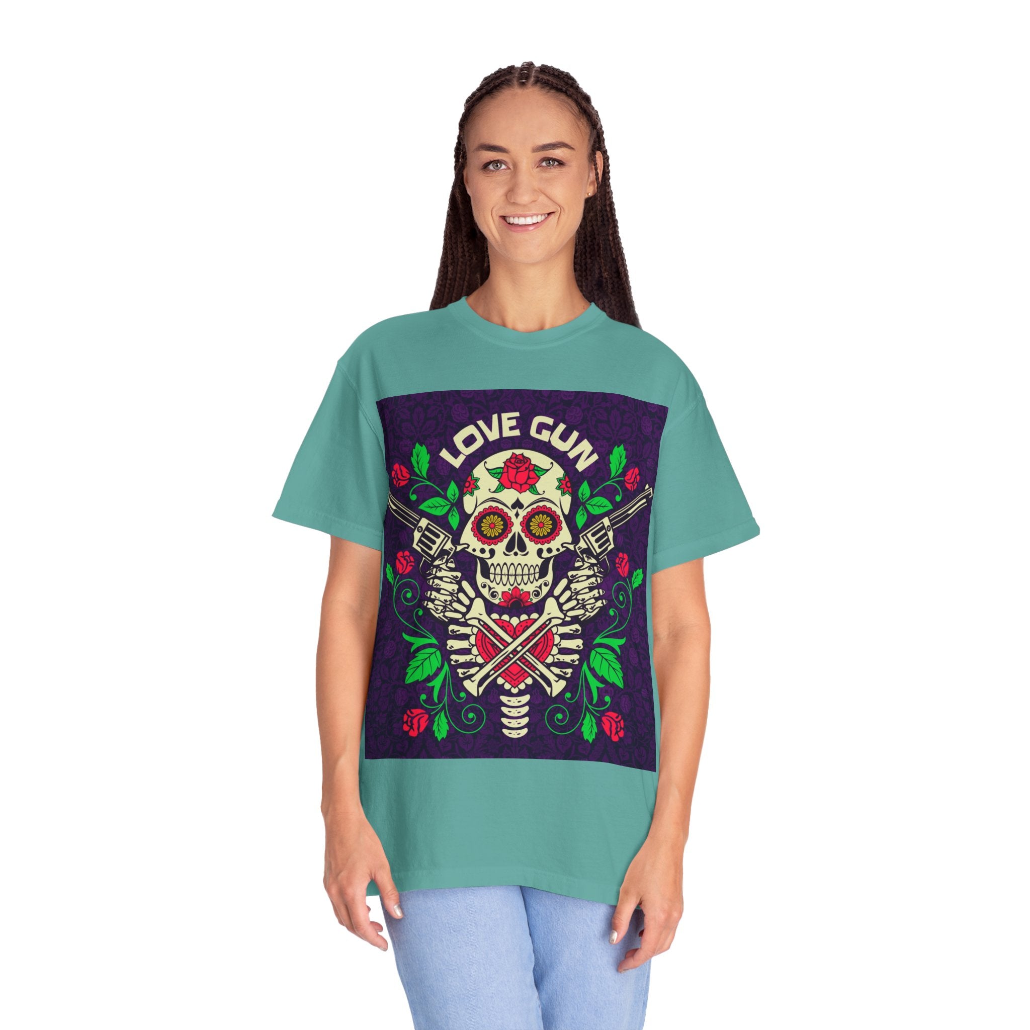 Love Gun Skull T‑Shirt — Day of the Dead Floral Graphic Tee