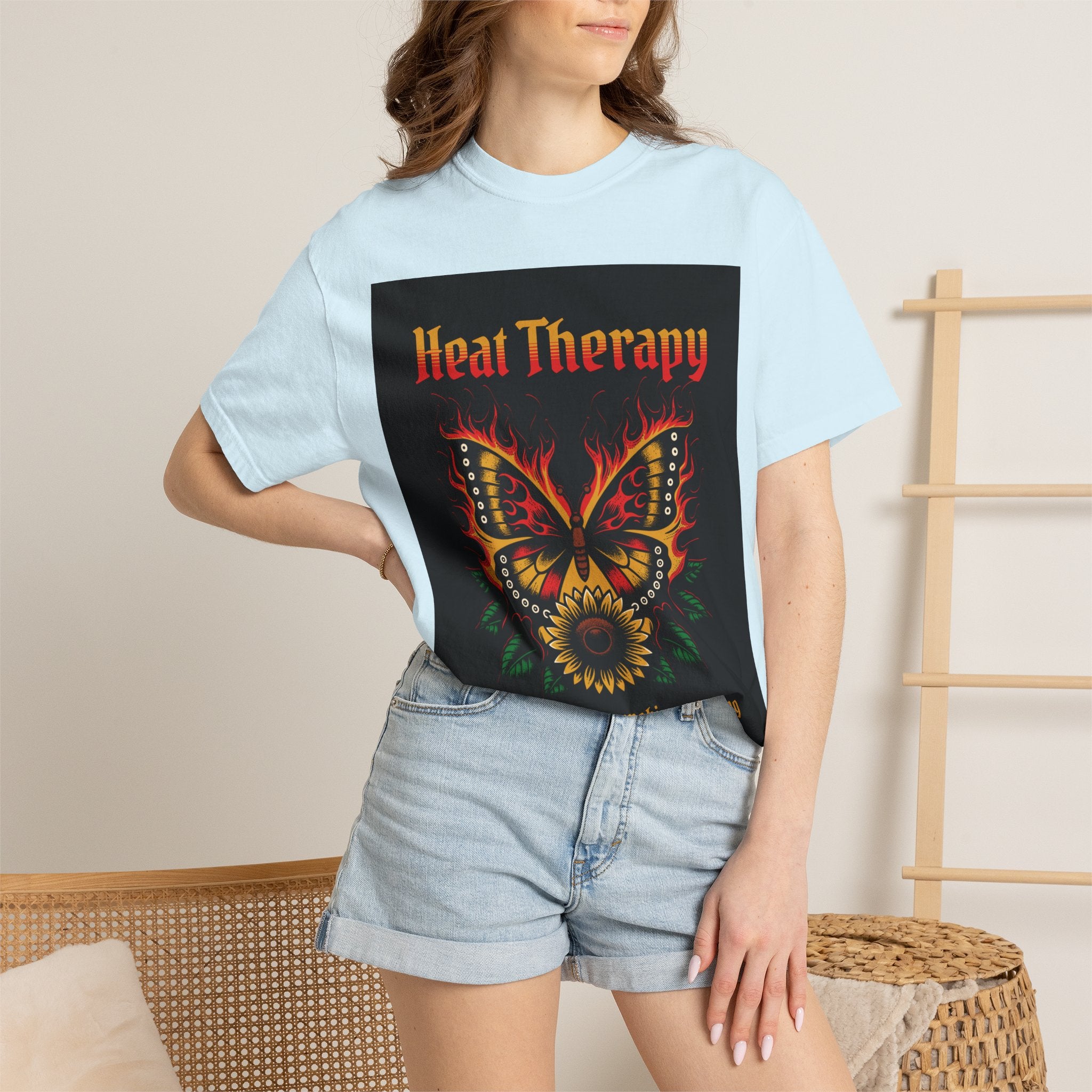 Heat Therapy Butterfly T-Shirt — Retro Floral Sunflower Design