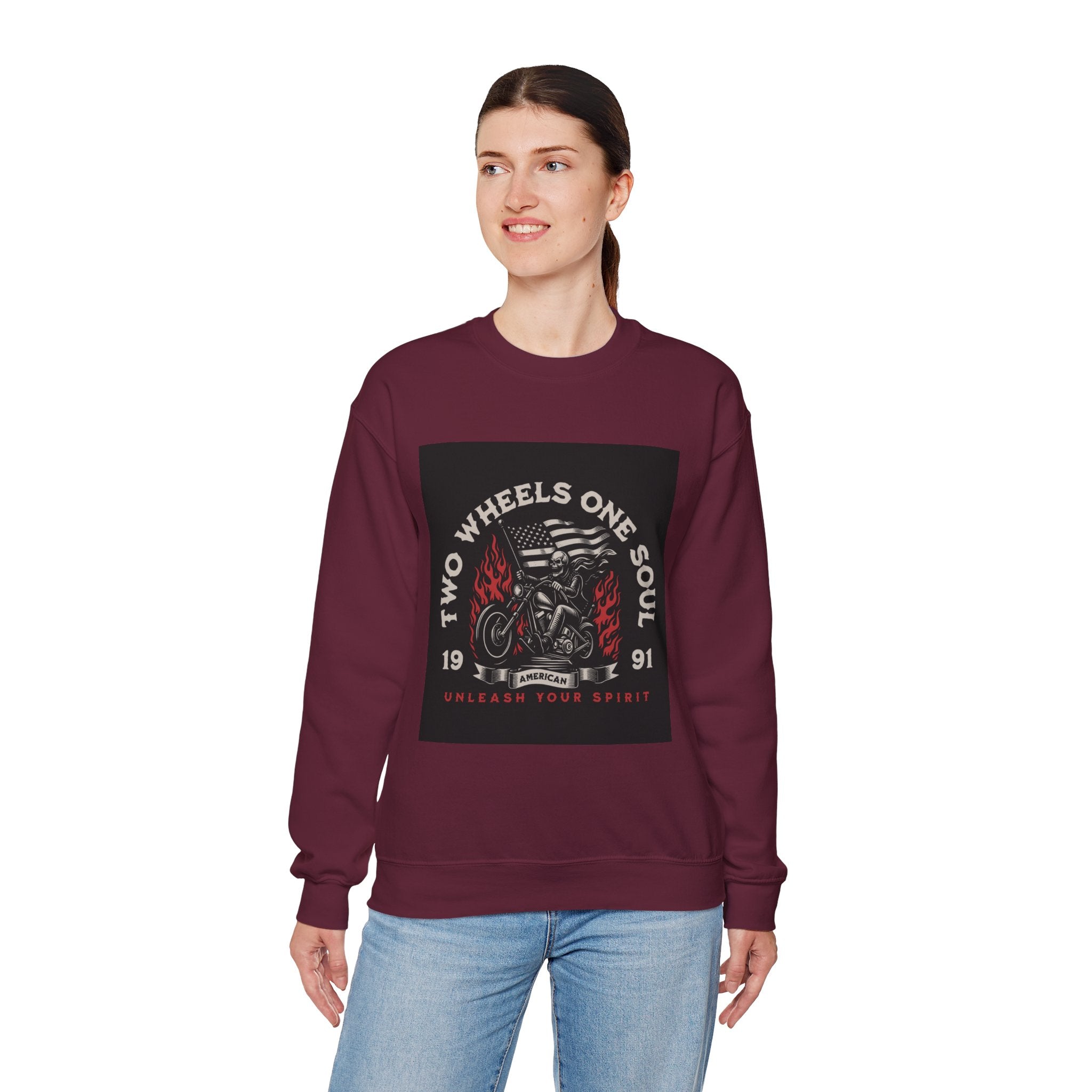 Motorcycle Crewneck Sweatshirt - "Two Wheels One Soul" Vintage Bike Graphic