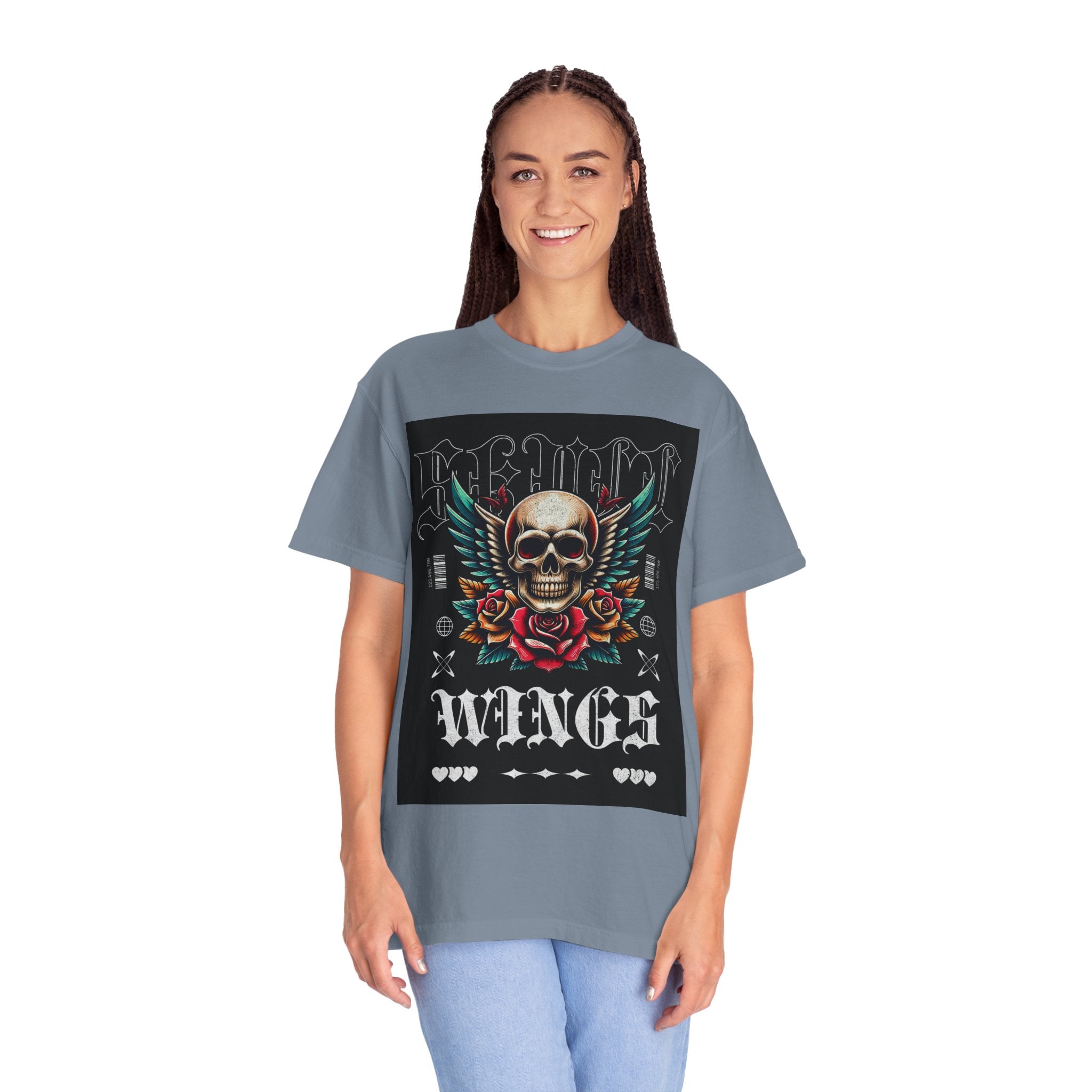 Skull Wings Graphic T-Shirt — Vintage Rock Tattoo Style with Roses