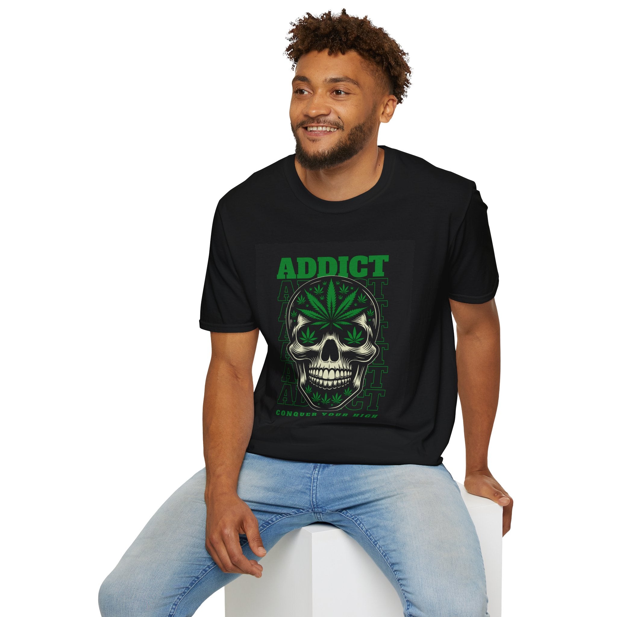 T‑Shirt — "Addict" Skull with Cannabis Leaf Graphic