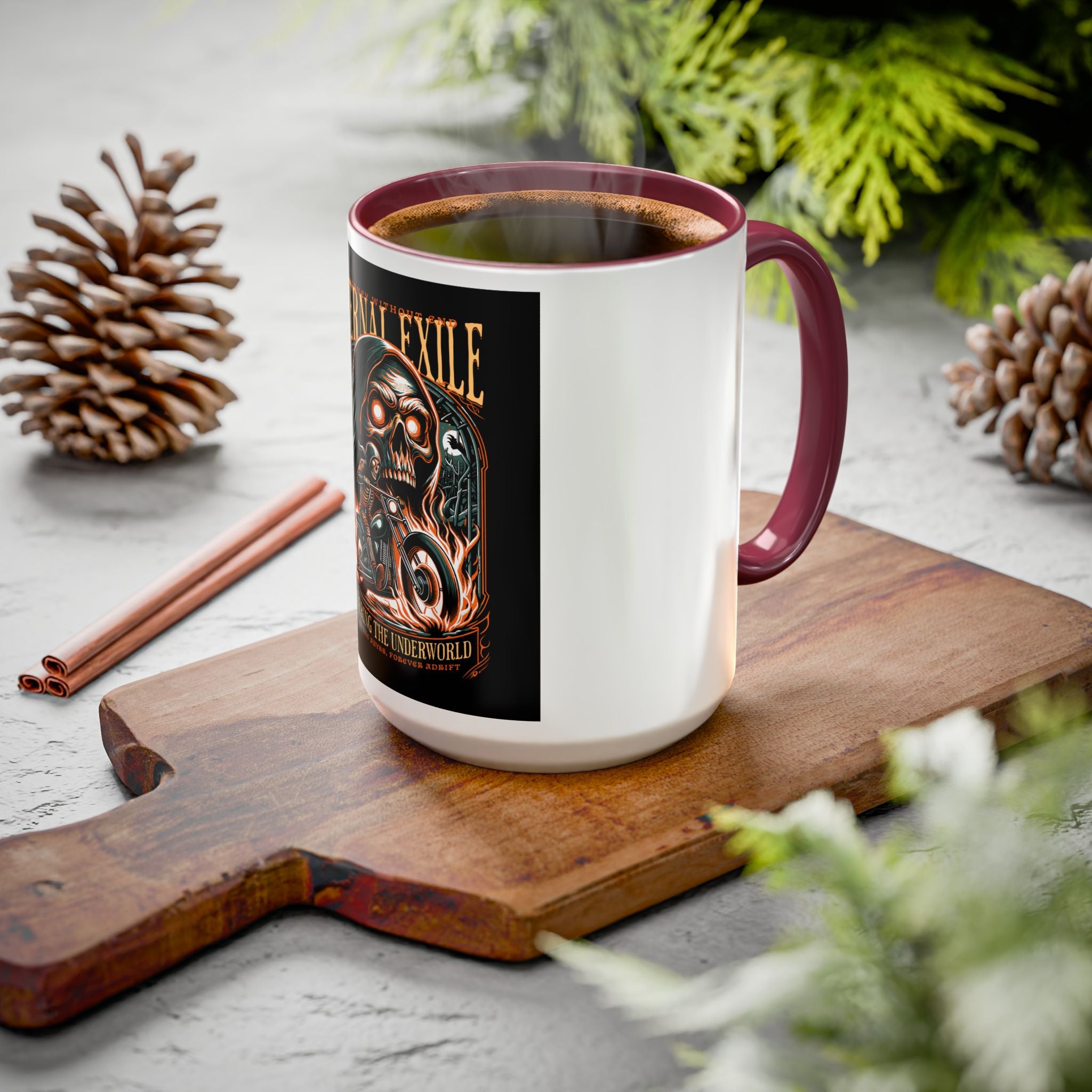 Eternal Exile Skull Biker Mug — Gothic Motorcycle Coffee Cup (11oz/15oz)