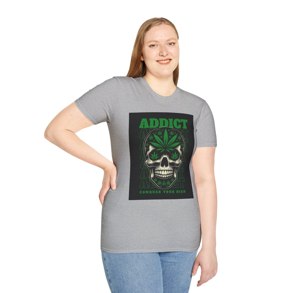 T‑Shirt — "Addict" Skull with Cannabis Leaf Graphic