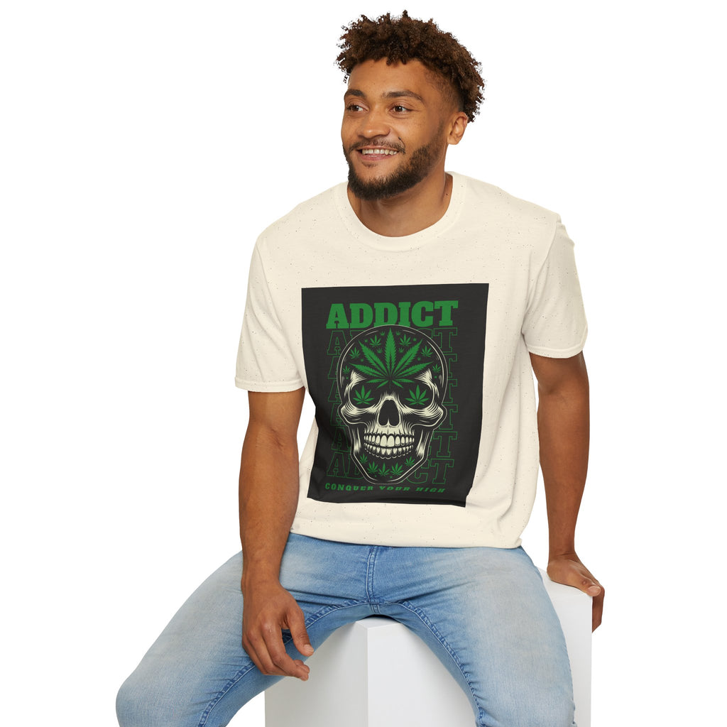 T‑Shirt — "Addict" Skull with Cannabis Leaf Graphic