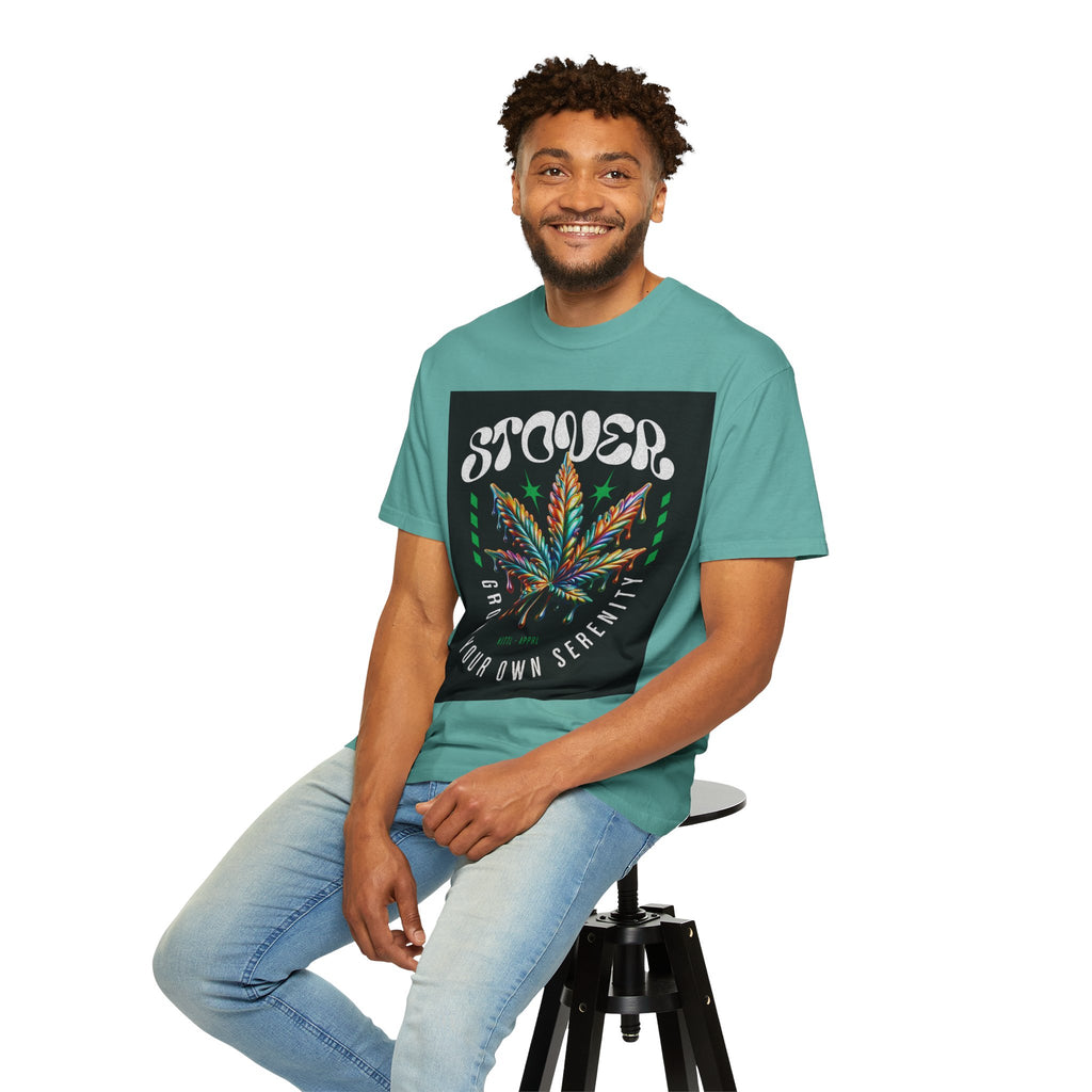 T-Shirt — Stover "Grow Your Own Serenity" Colorful Cannabis Leaf Graphic
