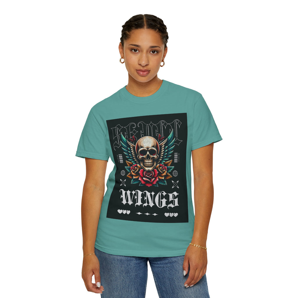Skull Wings Graphic T-Shirt — Vintage Rock Tattoo Style with Roses