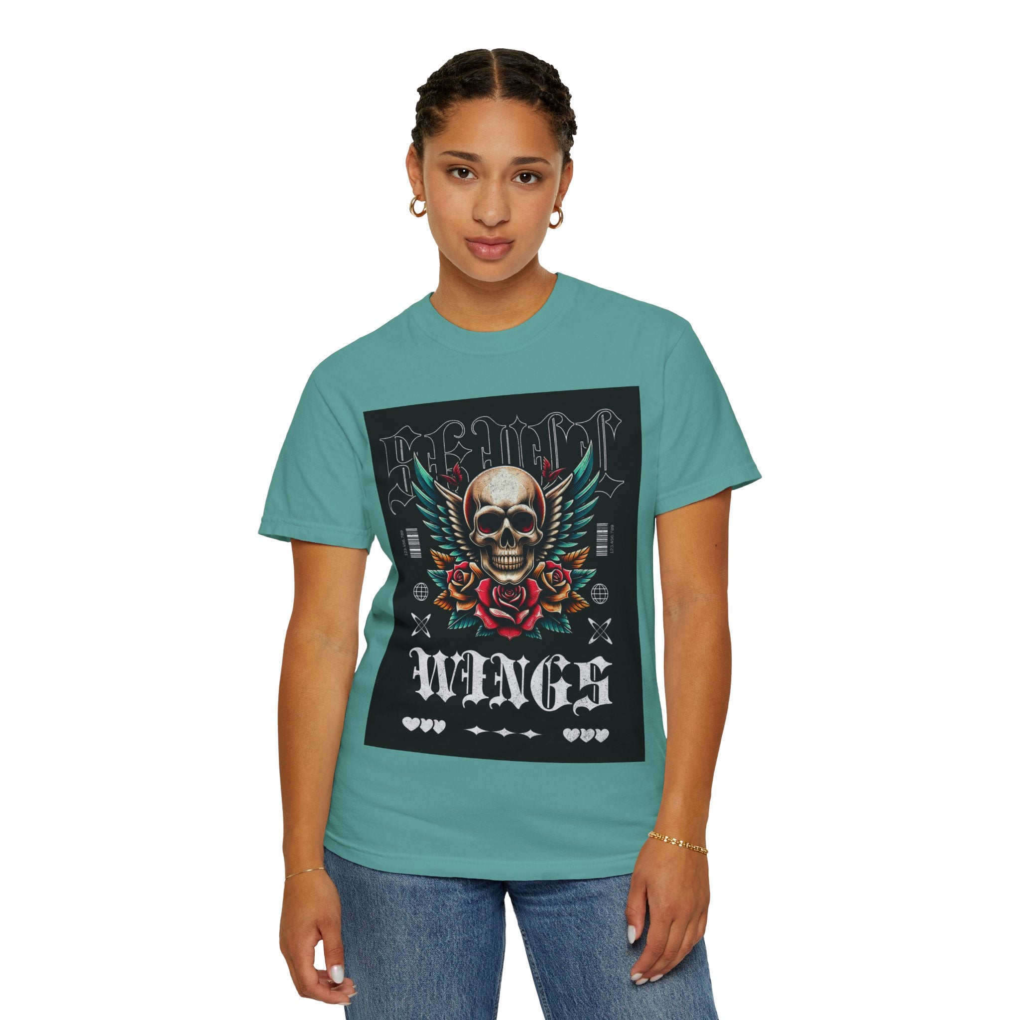 Skull Wings Graphic T-Shirt — Vintage Rock Tattoo Style with Roses