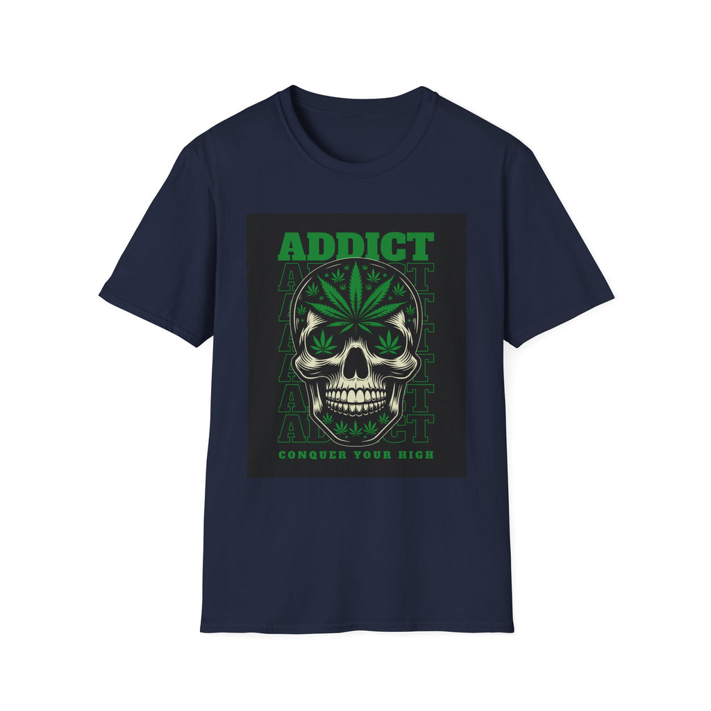 T‑Shirt — "Addict" Skull with Cannabis Leaf Graphic