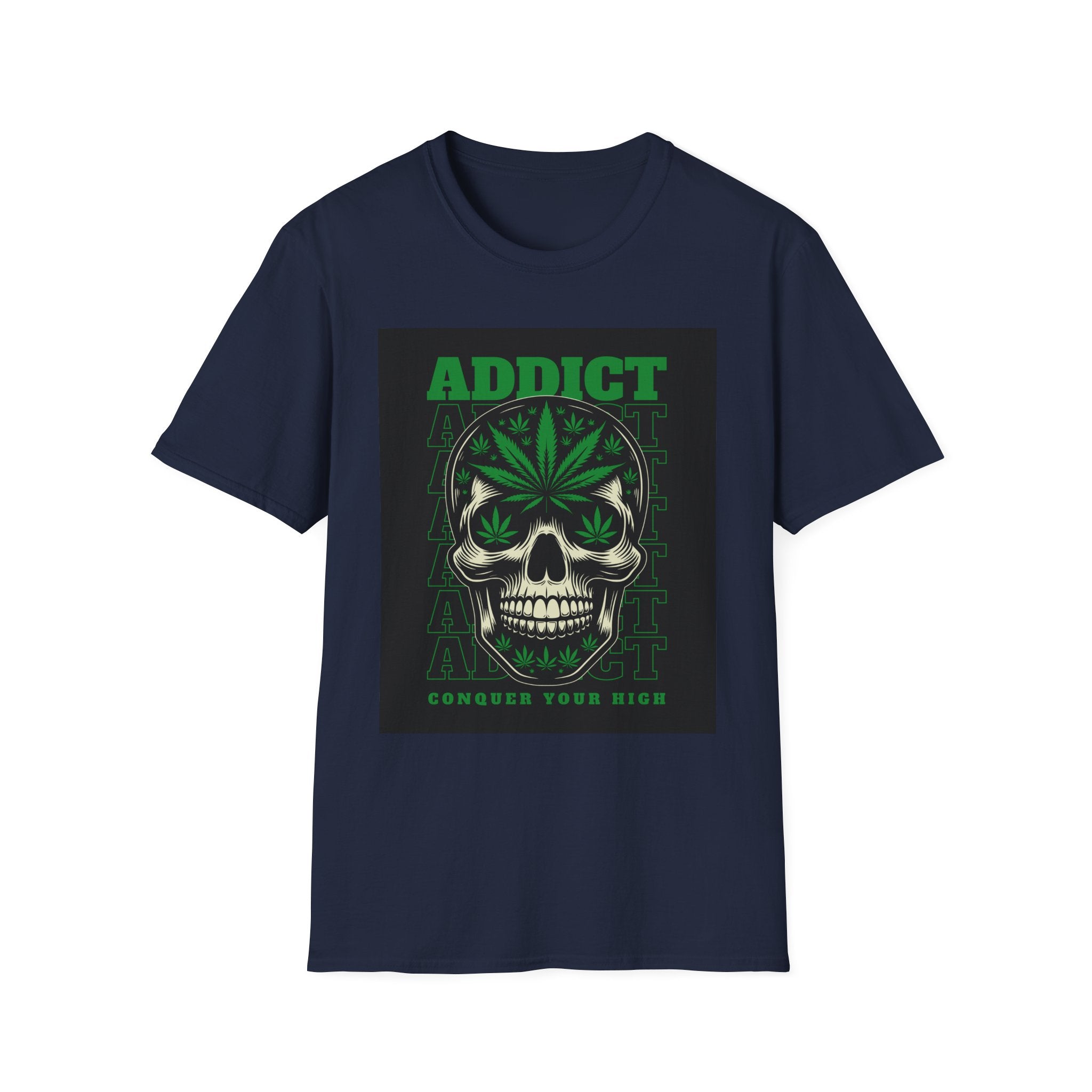 T‑Shirt — "Addict" Skull with Cannabis Leaf Graphic