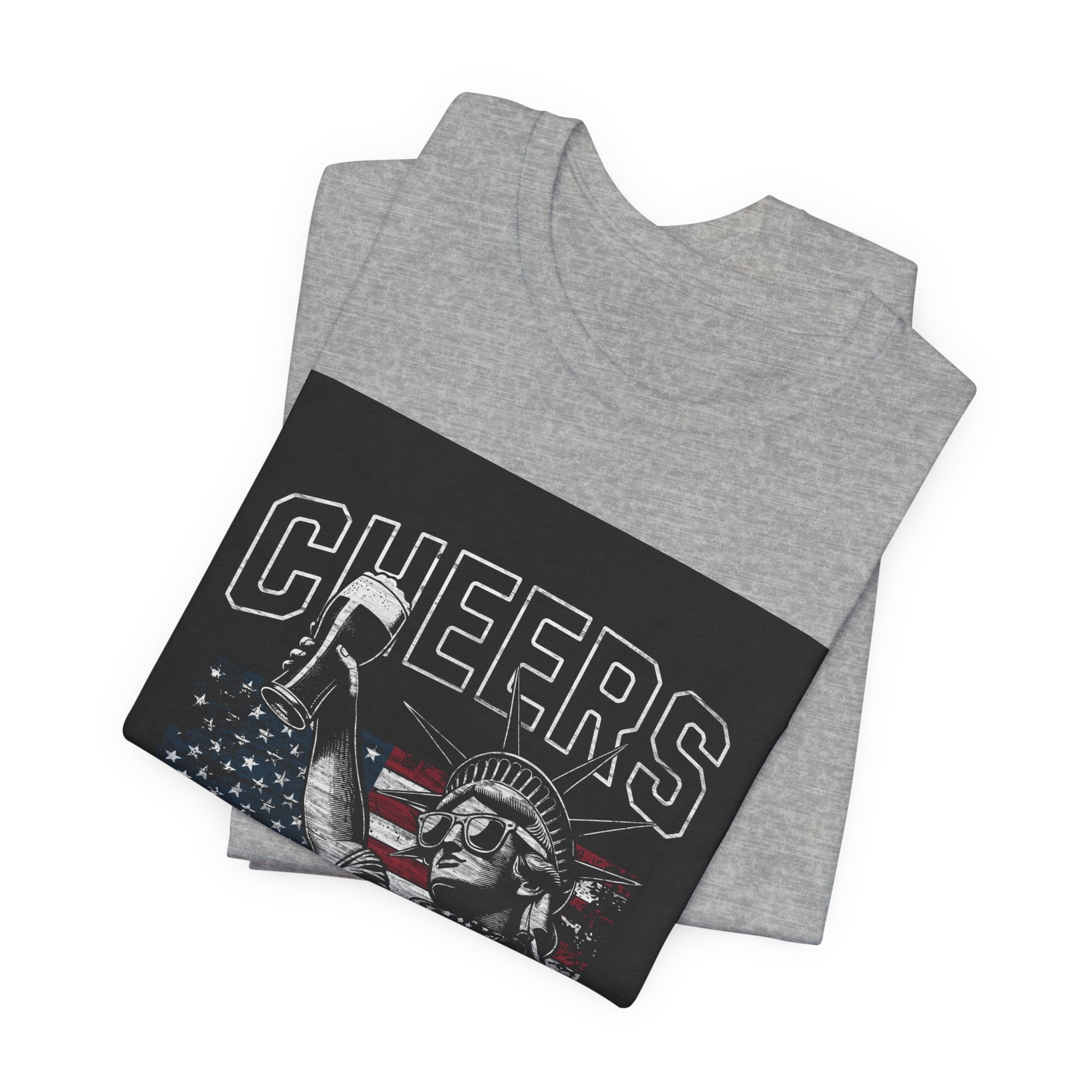Cheers America T-Shirt — Statue of Liberty Holding Beer & Flag Patriotic Tee
