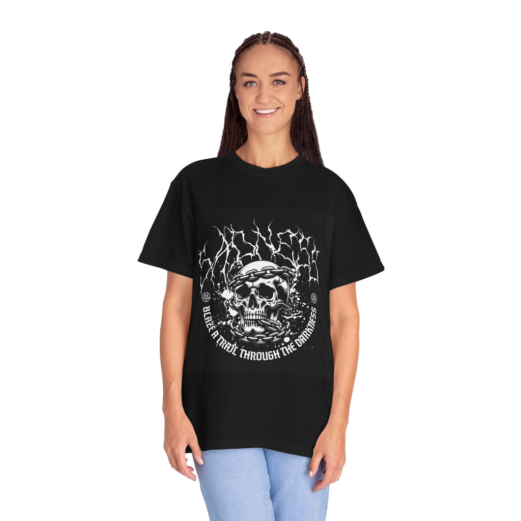 Graphic T-Shirt — 'Break a Path Through the Darkness' Skull Lightning Design