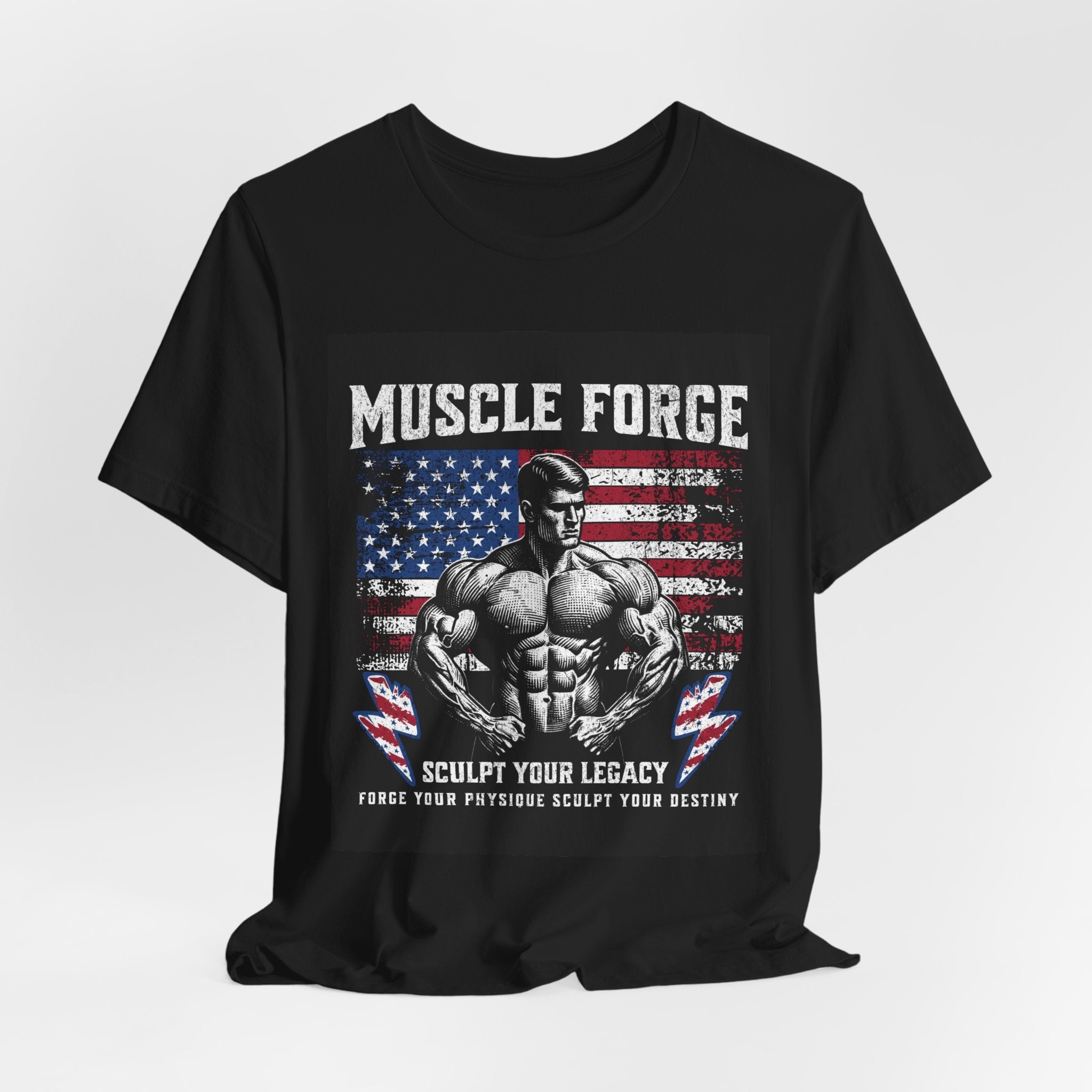 Muscle Forge American Flag Gym Tee — "Sculpt Your Legacy" Fitness T-Shirt