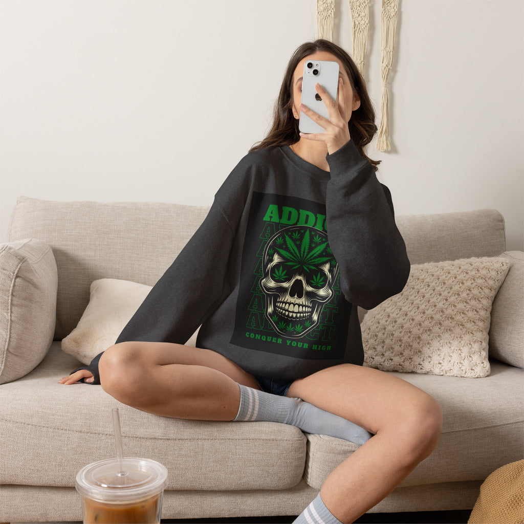 Skull & Cannabis 'Addict' Crewneck Sweatshirt — Conquer Your High Graphic Sweatshirt