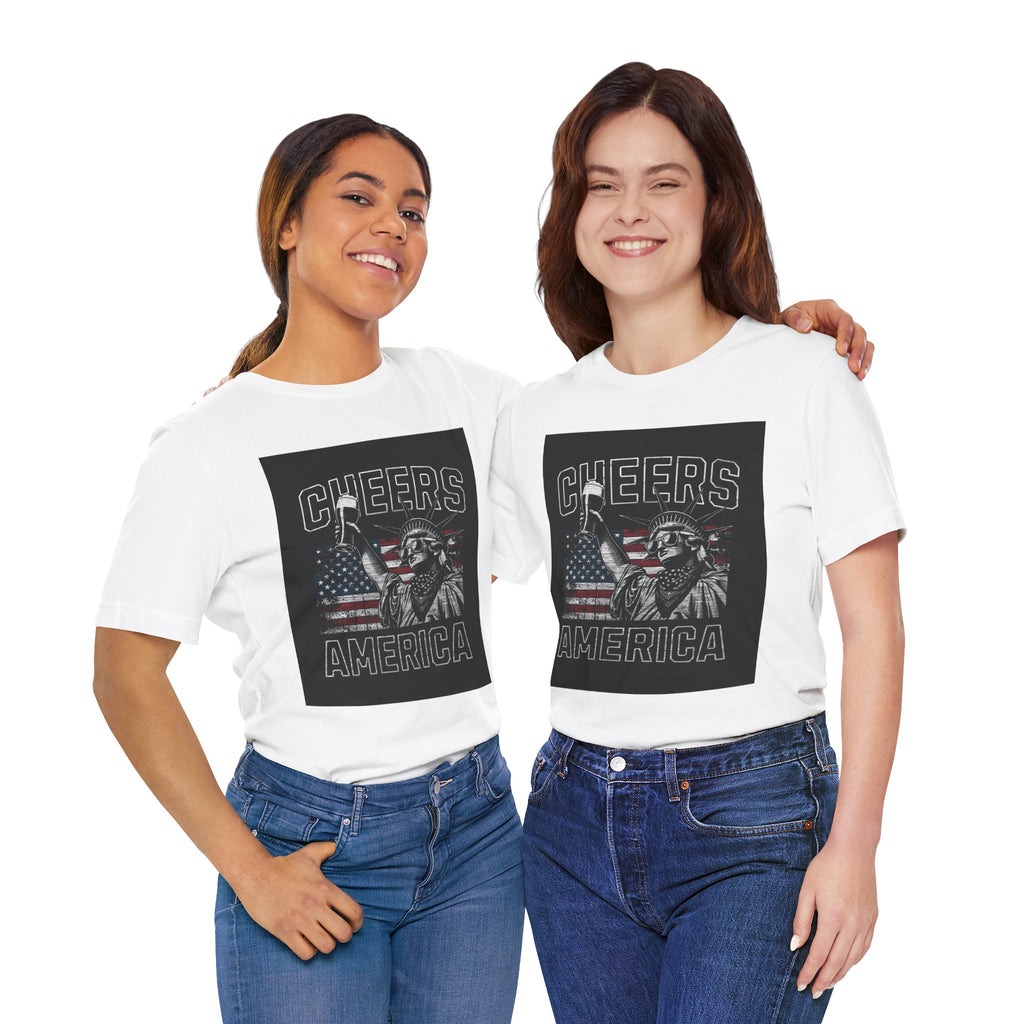 Cheers America T-Shirt — Statue of Liberty Holding Beer & Flag Patriotic Tee