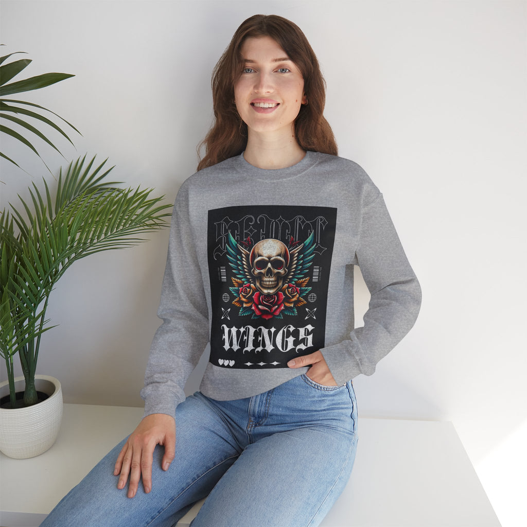 Skull Wings Crewneck Sweatshirt — Vintage Tattoo Skull with Rose Graphic