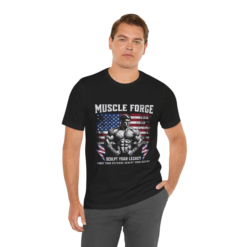 Muscle Forge American Flag Gym Tee — "Sculpt Your Legacy" Fitness T-Shirt
