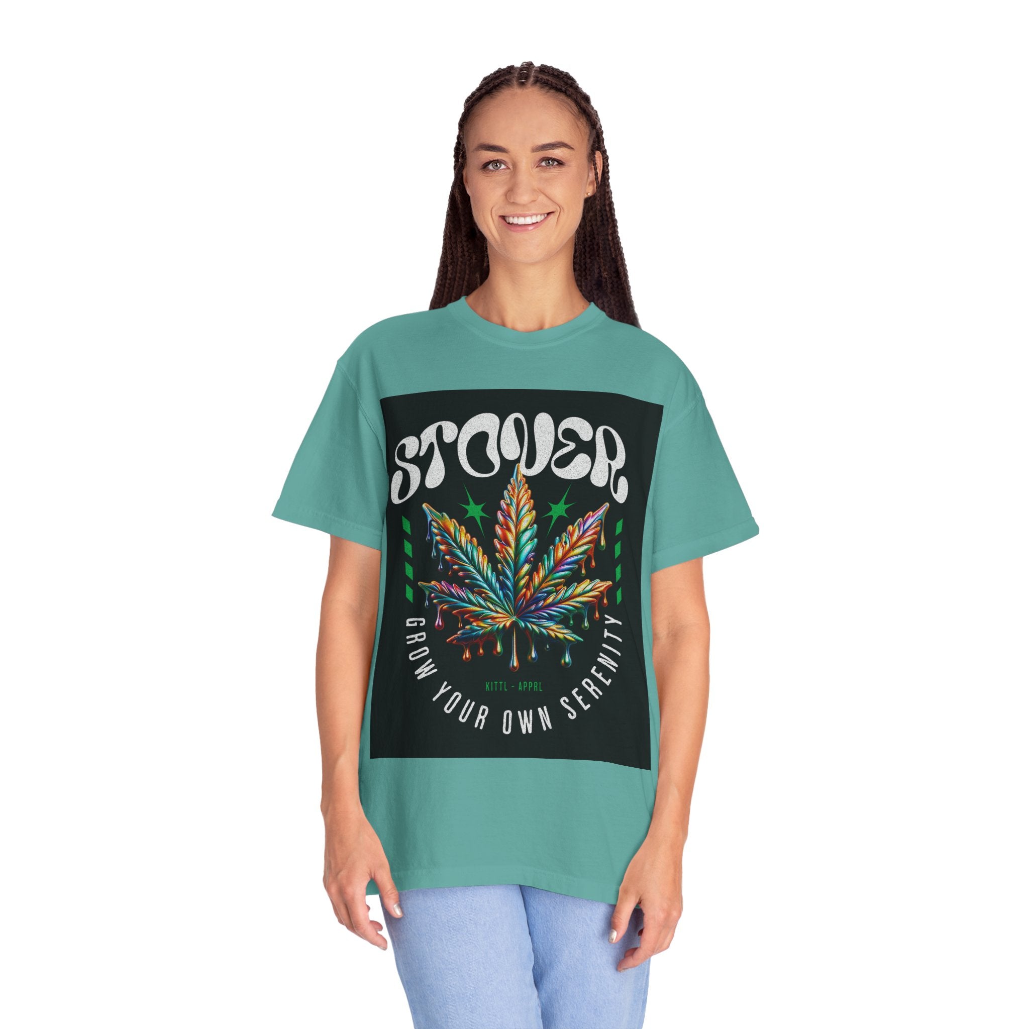 T-Shirt — Stover "Grow Your Own Serenity" Colorful Cannabis Leaf Graphic