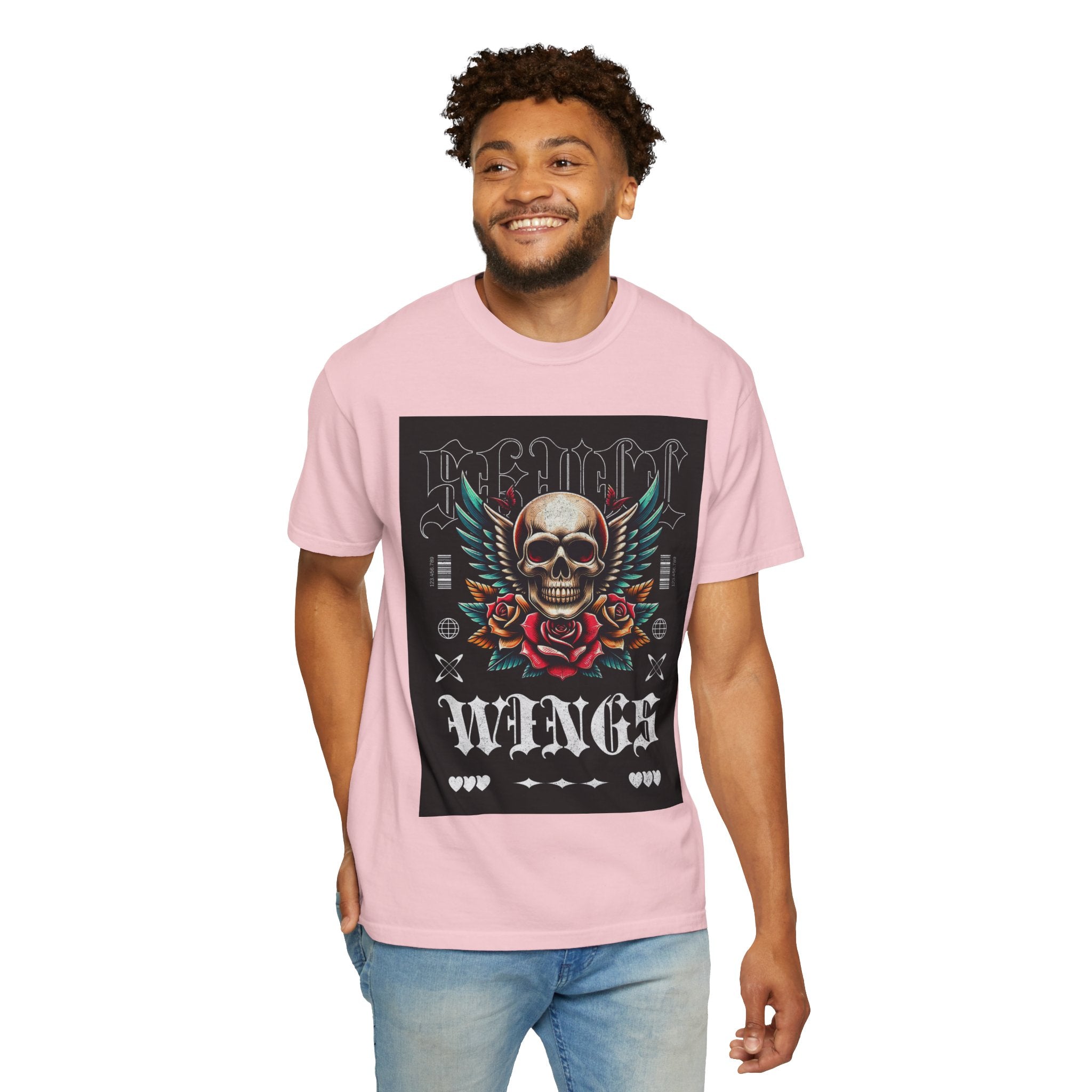 Skull Wings Graphic T-Shirt — Vintage Rock Tattoo Style with Roses