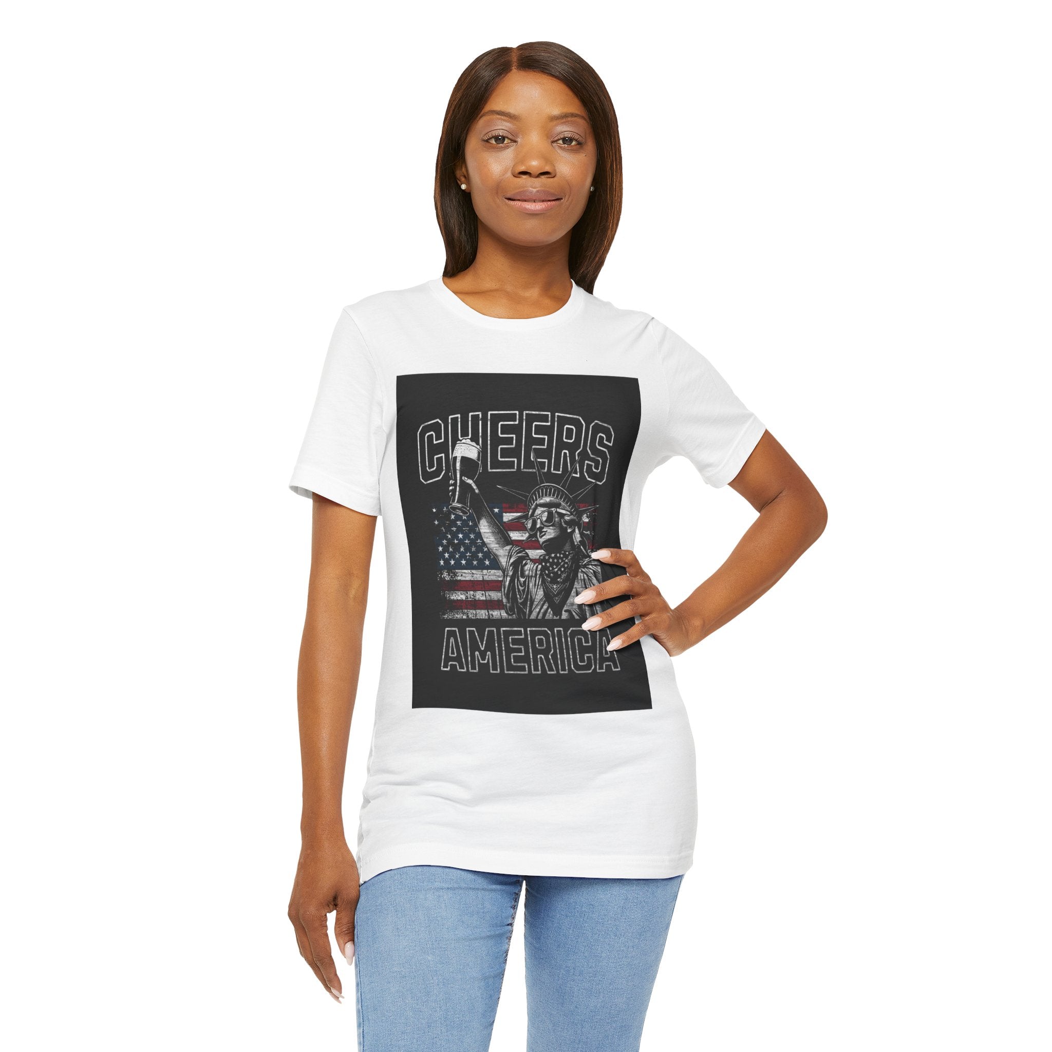Cheers America T-Shirt — Statue of Liberty Holding Beer & Flag Patriotic Tee