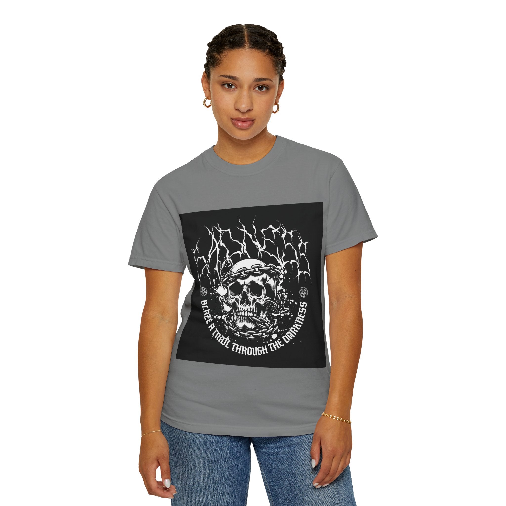 Graphic T-Shirt — 'Break a Path Through the Darkness' Skull Lightning Design