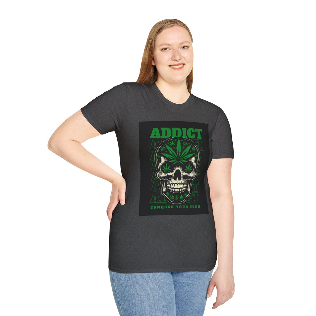 T‑Shirt — "Addict" Skull with Cannabis Leaf Graphic