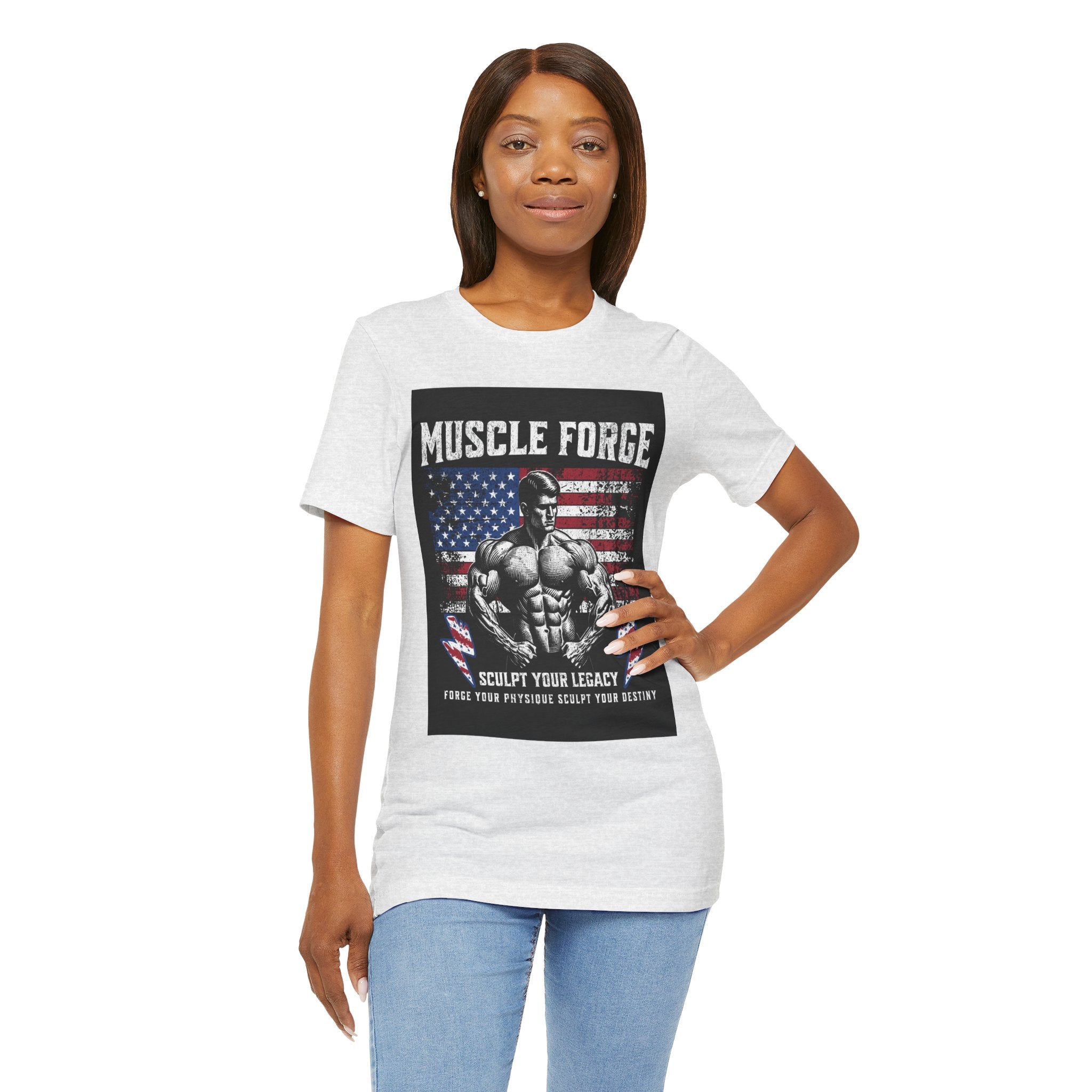 Muscle Forge American Flag Gym Tee — "Sculpt Your Legacy" Fitness T-Shirt